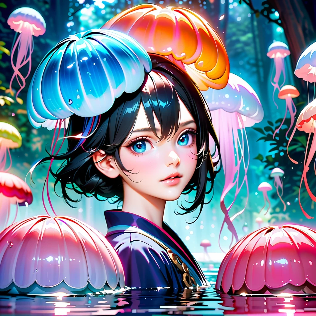 Astonishing, high quality, 4K, Fantasy girl in kimono standing in water with jellyfish, Inspired by《Genshin》Ke Qing, Beautiful anime style artwork, detailed, complicated, lifelike, Vibrant and bright colors, ethereal lights, soft reflection in waters, Tranquil composition, Full body close-up, reflection in water, enchanted forest, anime wallpaper, 2.5d computer graphics image, anime fantasy art, Jellyfish Miko