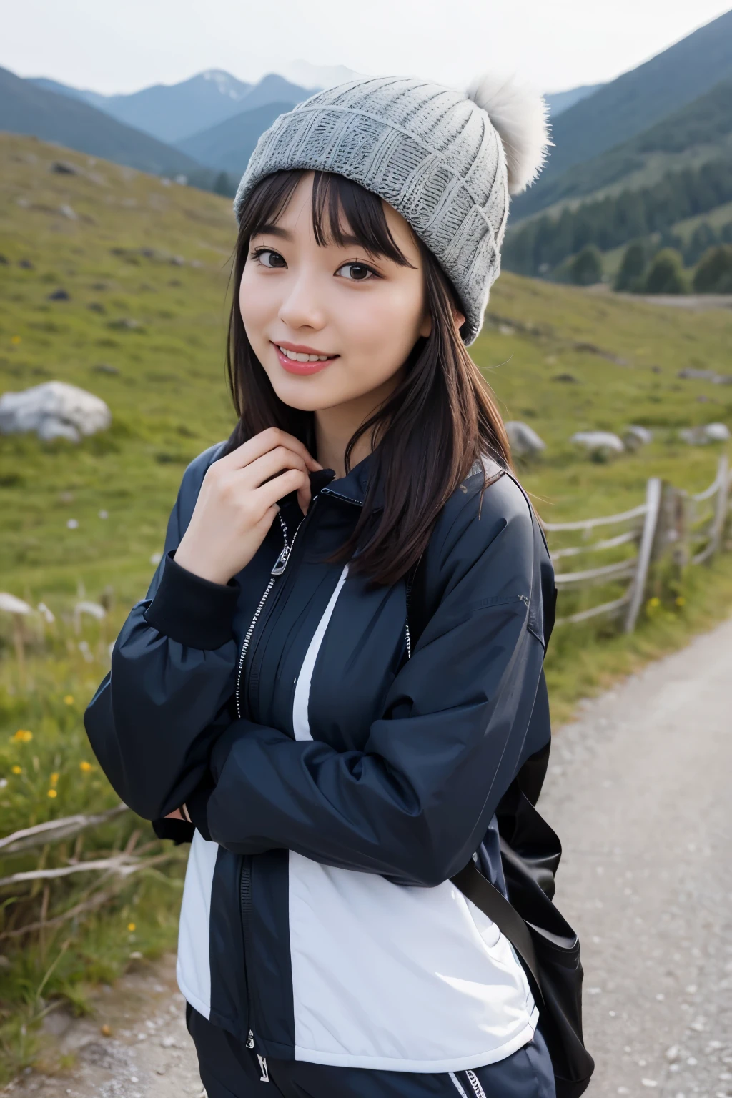 highest quality, masterpiece, 8K, ultra high resolution, (realistic: 1.4), 1 girl, beautiful face, symmetrical eyes, big, perfect body proportions,((shortcut、Bangs Patsun)), hiker、((Outdoor Clothing、mountain climbing)), ((knit hat)), (in the mountains、blurred background), Front view, Absolute area (1.3),friendly smile、seems kind、cowboy shot
