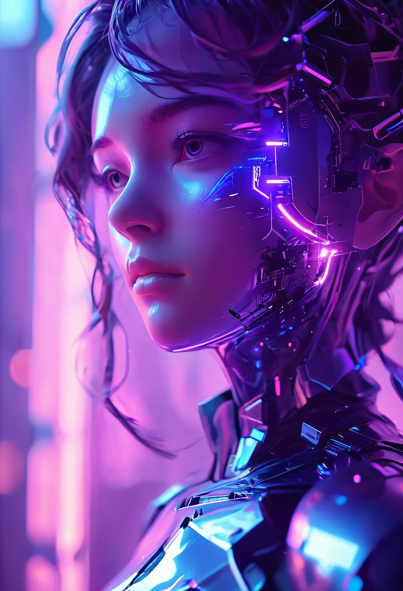 (future technology), (Mecha face close-up), blue to purple gradient background, Fantasy space city background, Fantastic light and shadow effects