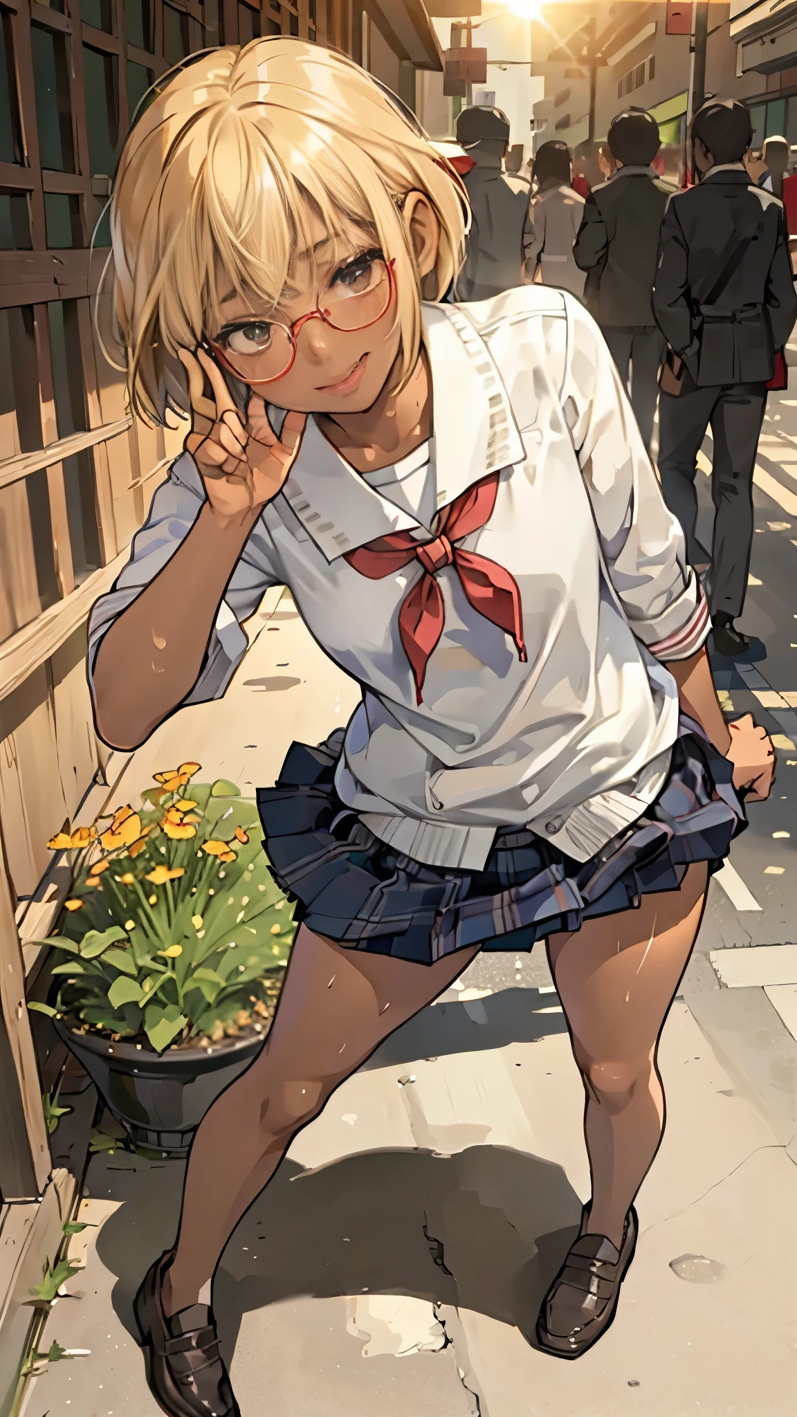 (super flat, flat shading), Honors Type, Really blushing, 17 years old, Japanese school girl, Short bob cut blonde hair, Glasses, (((sun burn dark skin))), sweaty healthy body, mesugaki smile, , bare legs, loafers, ultra realistic, early morning, standing in crowded street, v sign, stick out tongue, skirtlift