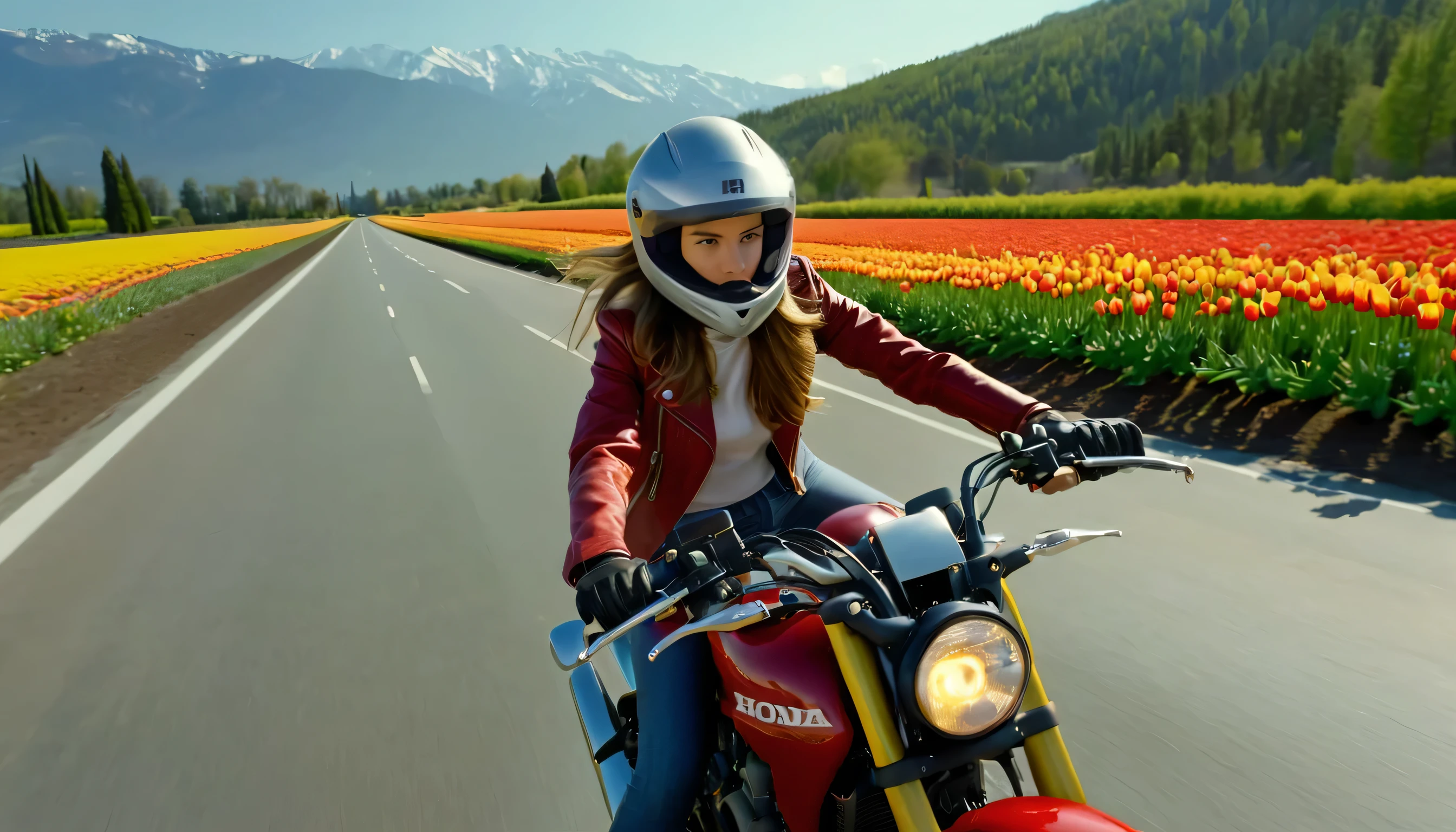Super realistic photo of a fourteen year old girl with long brown hair wearing a red leather jacket and an open helmet, racing at speed on a Honda motorcycle along a wide highway among a lavender field with trees and red and yellow tulips, Ice mountains are visible in the background, dawn lighting, Feeling of speed, (upper body:1.5), (Wide Angle:1.5).