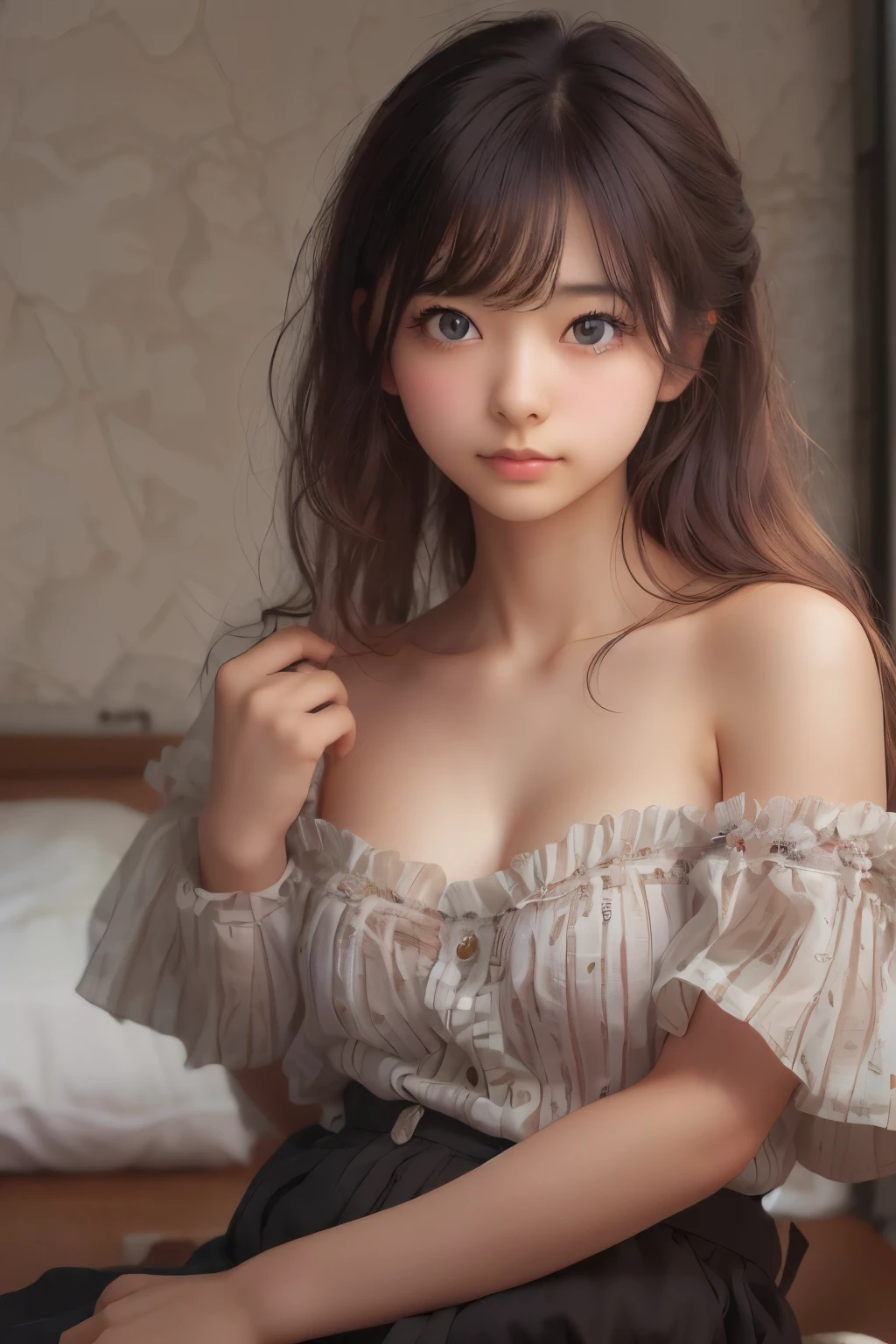 Ultra High Resolution, (Realistic: 1.4), RAW Photo, Best Quality, (Photorealistic), Focus, Soft Light, ((25 years old)), ((Japanese)), (Front, Young Face))), (Depth of Field), (One Piece), Masterpiece, (Photoreal), Woman, Bangs, (( off-the-shoulder top, Bedroom, 1 Girl))