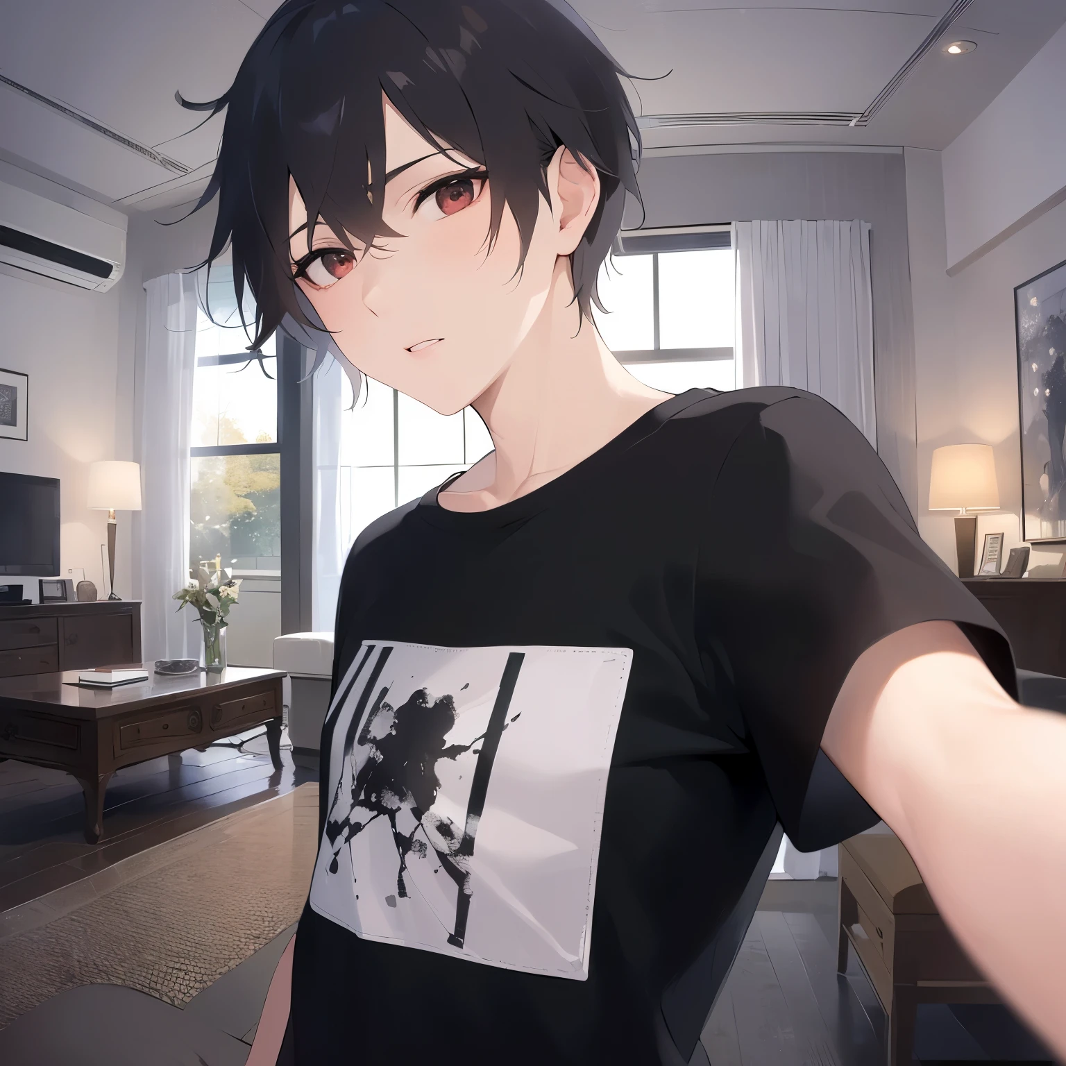 selfie, masterpiece、highest quality、(25 year old male:1.5) and (brown short hair) and (red eyes), Wearing a plain black T-shirt、serious expression, The background is the living room at night、illumination、(Alone:1.5)、Upper body is shown、Are standing