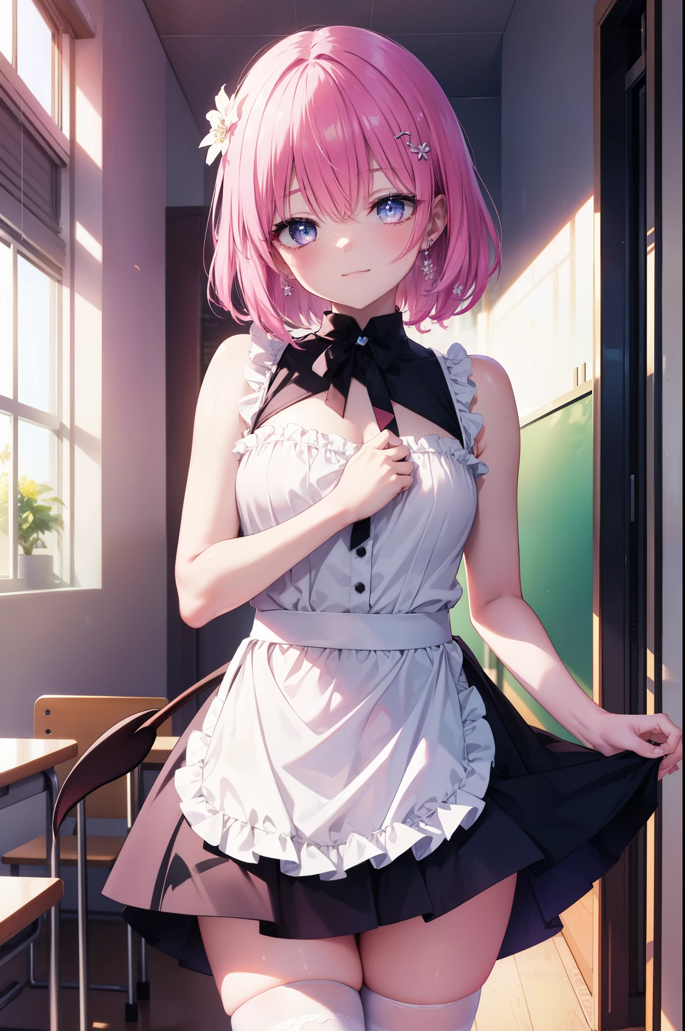 Momodeviluke, Deviluke type, demon tail, hair flower, hair ornaments, (purple eyes:1.1), pink hair, short hair, tail, happy smile, smile, open your mouth,
break demon tail, she was wearing a maid&#39;s long skirt,bare shoulders,bare chest, white stockings on her legs, Lift the long skirt with both hands, 
break indoors, classroom,
break looking at viewer, (cowboy shot:1.5),
break (masterpiece:1.2), highest quality, High resolution, unity 8k wallpaper, (figure:0.8), (beautiful detailed eyes:1.6), extremely detailed face, perfect lighting, extremely detailed CG, (perfect hands, perfect anatomy),