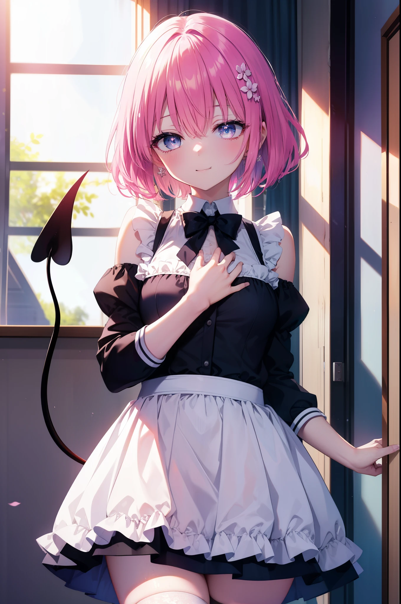 Momodeviluke, Deviluke type, demon tail, hair flower, hair ornaments, (purple eyes:1.1), pink hair, short hair, tail, happy smile, smile, open your mouth,
break demon tail, she was wearing a maid&#39;s long skirt,bare shoulders,bare chest, white stockings on her legs, Lift the long skirt with both hands, 
break indoors, classroom,
break looking at viewer, (cowboy shot:1.5),
break (masterpiece:1.2), highest quality, High resolution, unity 8k wallpaper, (figure:0.8), (beautiful detailed eyes:1.6), extremely detailed face, perfect lighting, extremely detailed CG, (perfect hands, perfect anatomy),