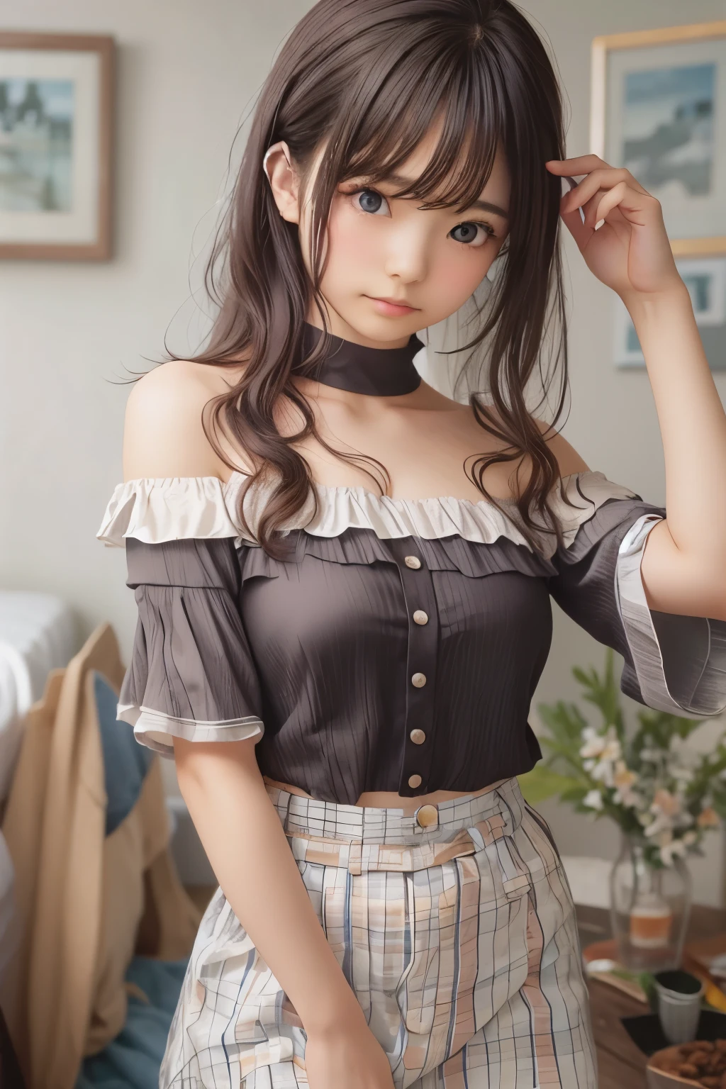 Ultra High Resolution, (Realistic: 1.4), RAW Photo, Best Quality, (Photorealistic), Focus, Soft Light, ((25 years old)), ((Japanese)), (Front, Young Face))), (Depth of Field), (One Piece), Masterpiece, (Photoreal), Woman, Bangs, (( off-the-shoulder top, Bedroom, 1 Girl))