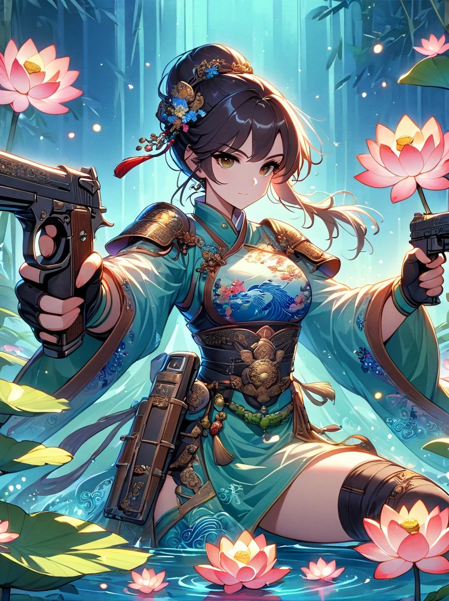 Let yourself be immersed in the world of Chinese martial arts through the enchanting prompts of a mysterious female martial artist's oil painting. Adorned in exquisite Chinese armor, she exudes elegance, solo, her body aglow, with glowing lotus flowers, radiant lines, fluorescence, glowing examples, tracking examples, flashes, bioluminescent particles, backlighting, translucency, light particles, and correct human anatomy. Positioned in a pond, (holding guns in both hands), (gun focus), aiming at you, the composition captures the warrior's mysterious aura as she stands amidst the tranquil bamboo grove, her armor reflecting the dappled sunlight. The intricate details of her armor, decorated with lavish patterns and symbols, speak of a rich heritage and noble lineage. The legendary silver Desert Eagle pistol she wields, with its exquisite craftsmanship and mythic aura, becomes a symbol of her martial prowess. The bold strokes and vibrant colors used in the artwork add dynamism and energy, painted by the renowned Chinese artist Qi Baishi.