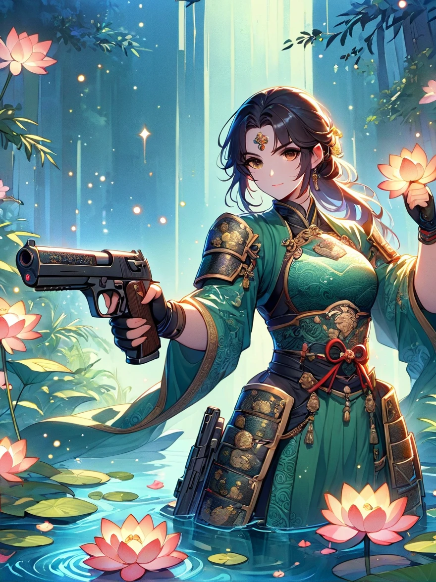 Let yourself be immersed in the world of Chinese martial arts through the enchanting prompts of a mysterious female martial artist's oil painting. Adorned in exquisite Chinese armor, she exudes elegance, solo, her body aglow, with glowing lotus flowers, radiant lines, fluorescence, glowing examples, tracking examples, flashes, bioluminescent particles, backlighting, translucency, light particles, and correct human anatomy. Positioned in a pond, (holding guns in both hands), (gun focus), aiming at you, the composition captures the warrior's mysterious aura as she stands amidst the tranquil bamboo grove, her armor reflecting the dappled sunlight. The intricate details of her armor, decorated with lavish patterns and symbols, speak of a rich heritage and noble lineage. The legendary silver Desert Eagle pistol she wields, with its exquisite craftsmanship and mythic aura, becomes a symbol of her martial prowess. The bold strokes and vibrant colors used in the artwork add dynamism and energy, painted by the renowned Chinese artist Qi Baishi.