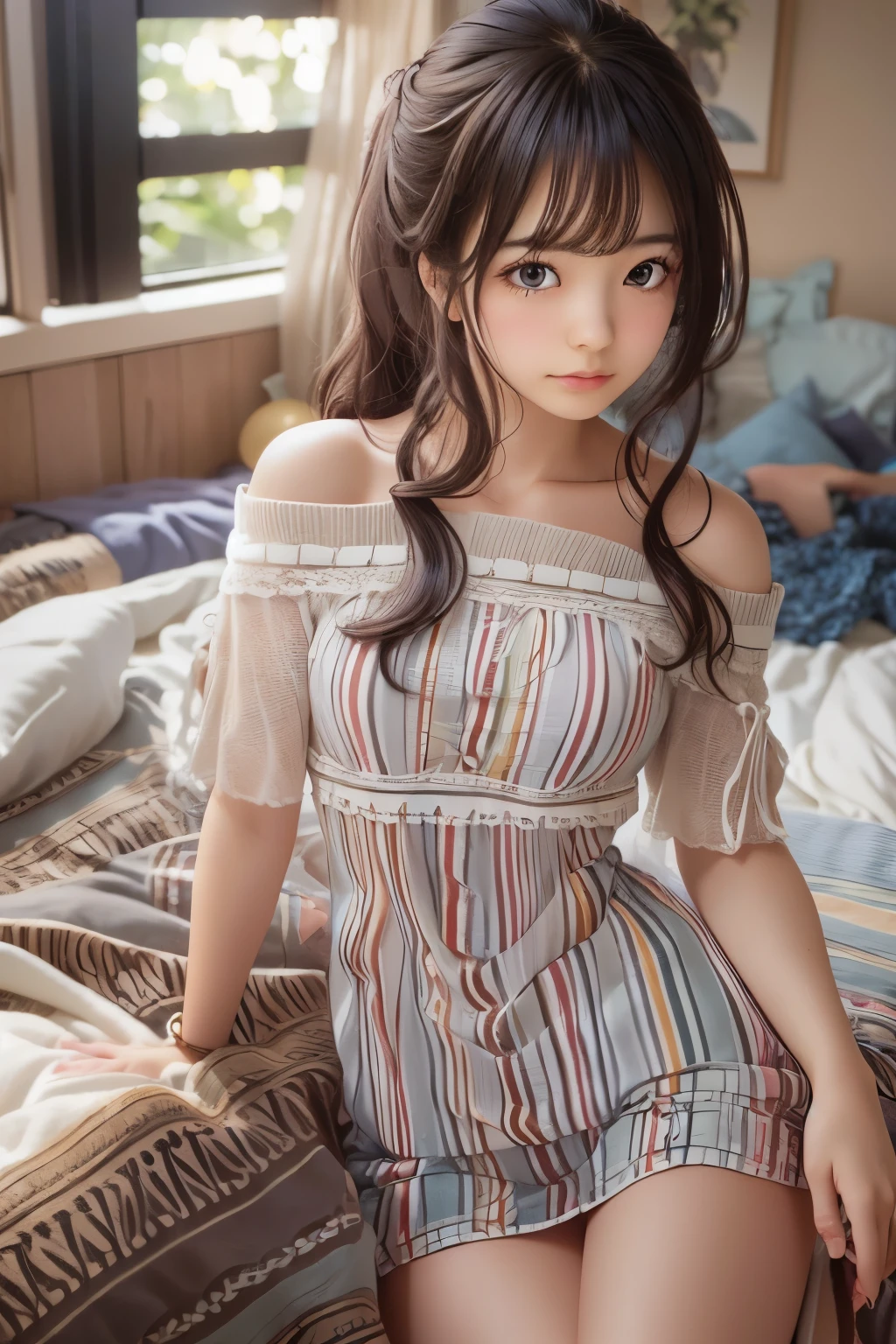 Ultra High Resolution, (Realistic: 1.4), RAW Photo, Best Quality, (Photorealistic), Focus, Soft Light, ((25 years old)), ((Japanese)), (Front, Young Face))), (Depth of Field), (One Piece), Masterpiece, (Photoreal), Woman, Bangs, (( off-the-shoulder top, Bedroom, 1 Girl))