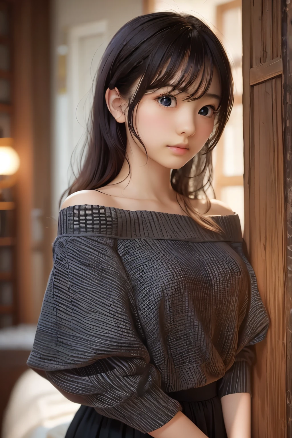 Ultra High Resolution, (Realistic: 1.4), RAW Photo, Best Quality, (Photorealistic), Focus, Soft Light, ((25 years old)), ((Japanese)), (Front, Young Face))), (Depth of Field), (One Piece), Masterpiece, (Photoreal), Woman, Bangs, (( off-the-shoulder top, Bedroom, 1 Girl))