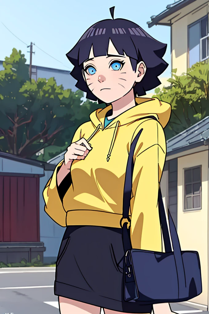 masterpiece, top quality, highly detailed, 1girl, upper body,
short hair, black hair, blue eyes,
Wearing a yellow Hoodie, Streetwear, full of style,
medium breasts, cool attitude
looking at the audience, cute face ,(Uzumaki Himawari)
in anime (Boruto:Naruto Next Generation, photo realistic, very detailed, perfect realistic, short hair, black hair, blue eyes, beautiful, sexy body, standard body, big breasts, realistic clothes, detailed clothes, outdoor background, very detailed, realistic characters, beautiful face, cute face, perfect skin, glowing, super realistic photo , on the right and left cheeks there are ,two rows of cat whiskers very clear/super details ,detailed analysis , (Uzumaki Himawari:Cat Whiskers) eyes , short front bangs hairstyle