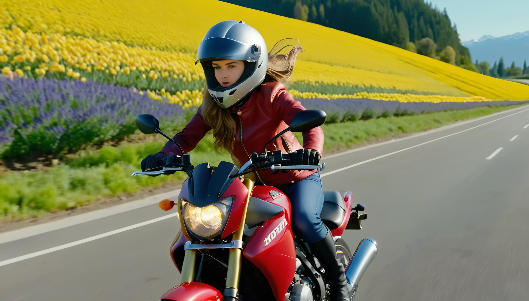 Super realistic photo of a fourteen-year-old girl with long light brown hair in a red leather jacket and an open helmet racing at speed on a Honda motorcycle along a wide highway among a lavender field with trees and red yellow tulips, In the background are the icy mountains, dawn lighting, A sense of speed, (upper body:1.5), (wide angle:1.5).