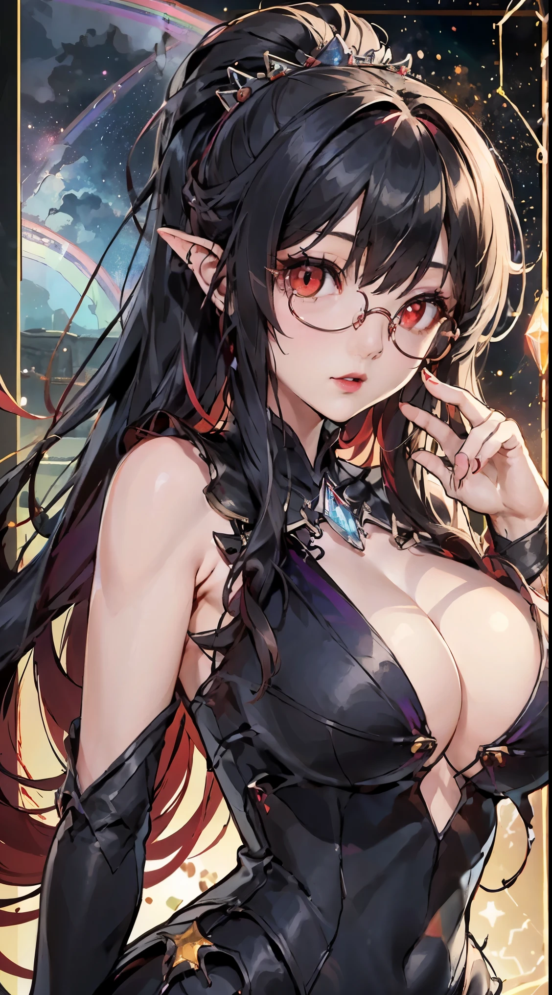 1名 27歳 woman, got it、(best illustrations)、8k UHD resolution、intricate details、最high quality、realistic、Super detailed、best lighting、best shadow、soft lighting、ultra hd、dungeon and Dragon、cave、dungeon、 necromancer、night、dark style、Succubus、devil&#39;Daughter of、bat wings，(((デーモンホーンラック縁round glasses))))、(((big breasts)))、(devil&#39;tail)、(red eyes shine:1.6)、masterpiece、beautiful features、Tyndall effect、realisticphotograph、(high detail skin:1.2)、8KUHD、Digital single-lens reflex camera、high quality、photograph、High resolution、 absurd、Ponytail distortion、Optimal ratio of 4 fingers and 1 thumb、1 girl、hair ornaments、真っ赤に輝くgemのネックレス、gem、beautiful expression、body up、big breasts emphasis、tight waist、wide ass、Tyndall effect、Photoreal、(high detail skin:1.2)、dark and mysterious version, lipstick red lips, thin and beautiful lips, Don&#39;Don&#39;Don&#39;don&#39;t laugh, please keep your mouth shut, Characters created by Karol Baku and Pino Denis, intricate details, detailed background, very detailed, magic of light, woman, cute face, ((((giant glasses, otaku glasses, thick glasses, round glasses))))、 looking at the Upper body of the goddess , round chest, big and round chest, phoenix hair brooch, long hair with bangs, (Long hair has seven colors like a rainbow:1.9), Beautifully detailed face and well-proportioned eyes, (Crystal clear red eyes: 1.8), Big round eyes and very beautiful and detailed makeup, Visionary, long silk nightgowns, mysterious makeup, ブresponseレット, I dyed the side bangs light yellow...., Upper body, (goddess Upper body: 1.8), hanging arms, リアルで鮮やかなphotograph, (stars that make up : 1.7), ( Space-time portal of sky and imagination: 1.8), fiction art, RAWphotograph,黒い着物のphotograph, 最高のphotograph , expensive_response, 最high quality, 最高のphotograph, 8K quality, 8k ultra , surrealism, 最も経済的な本物のphotograph, Artistic portrait of 12 signs, Symbol of one of the 12 signs on the reverse side, 12 Portrait of the Goddess, 最もrealistic配色, 最高のphotograph color, masterpiece, hair ornaments, ネックresponse, jewelry, beautiful face, Upper body, Tyndall effect, photographのようにリアルな, Dark studio, border light, two tone light, (fine skin) expensive: 1.2), 8k UHD, Digital single-lens reflex camera, soft light, expensive quality, volume light, Frank, photograph, expensive responseolution, 4K quality, 8k, Bokeh, smooth and sharp, 10x more pixels, Charming goddess, sexy goddess, (background space: 1.8), (milky way: 1.7), aurora, lightning, (auroraの背景: 1.8) <roller:crazy_perfect eyes_v1_from_v1_, beautiful goddess and flowers, 