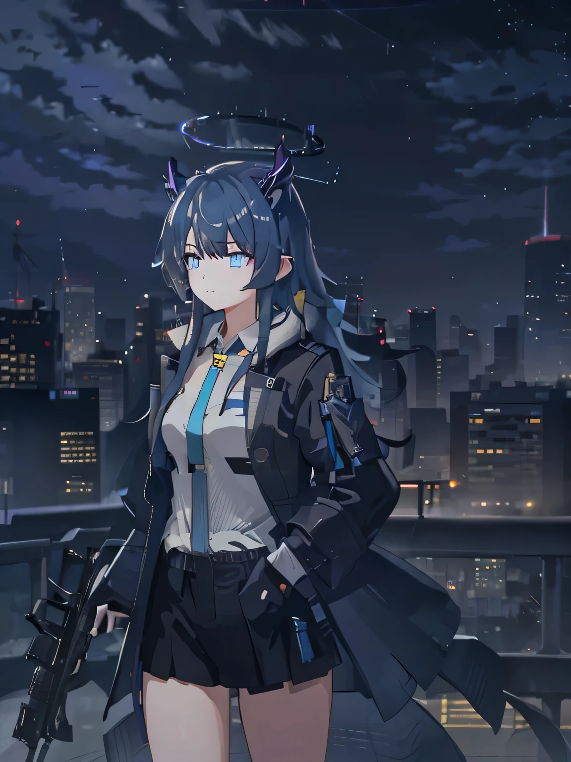 1 girl,  very clear, nervous, , watch, transport station, dark rainy day, Serious eyes, Black halo with sky blue stripes, Serious, keen vision, dissatisfied, Holding August assault rifle, City skyline, light gray aug assault rifle，With blizzard texture, tall girl, transport, train station, Serious, dark rainy day, diasobrio, rain, collision,  standing posture, Purpose，sky blue eyes，One hand in coat pocket