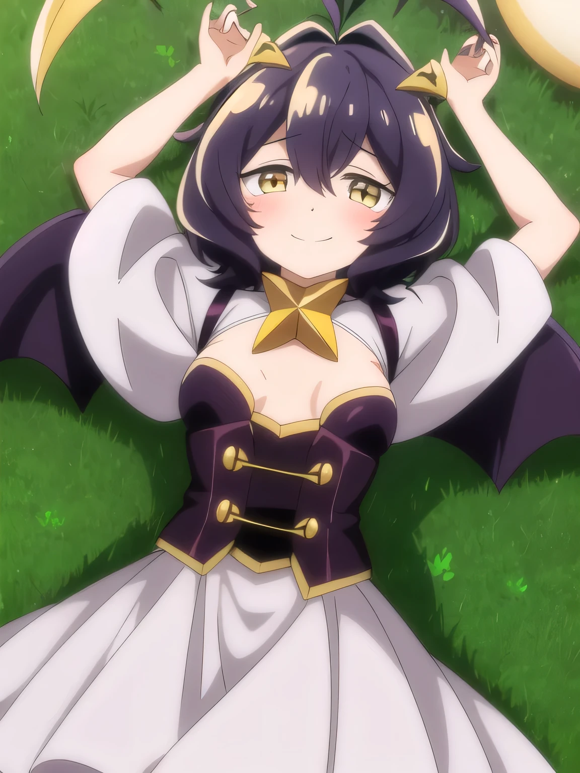 Utena Hiiragi, 1girl, solo, horns, purple hair, blush, short hair, looking at viewer, smile, star (symbol), yellow eyes, ahoge, hair between eyes, antenna hair, bangs, symbol-shaped pupils, star-shaped pupils,  solo, lying, , closed mouth, solo, spread arms, arms up, smile, lying, on back, on grass, looking at viewer, solo, in the center, cowboy shot, high quality,