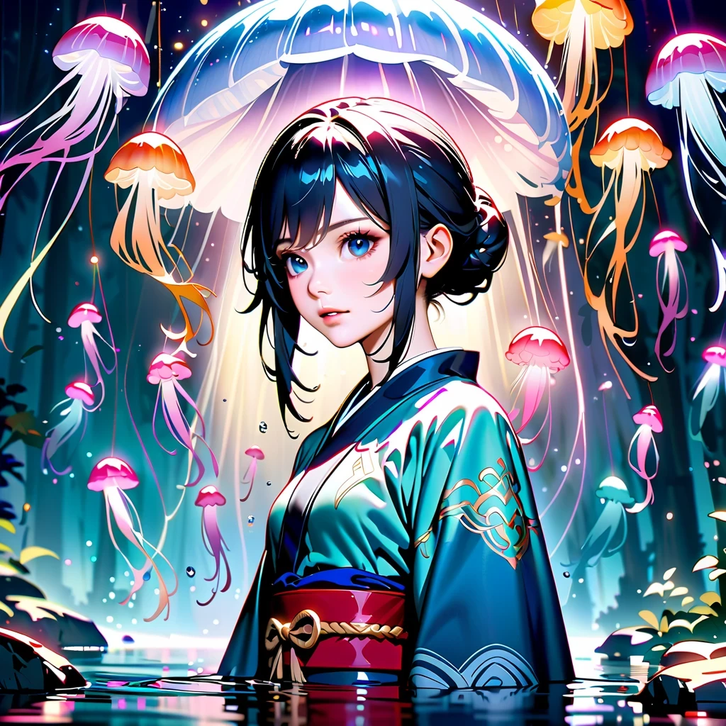 Astonishing, high quality, 4K, Fantasy girl in kimono standing in water with jellyfish, Inspired by《Genshin》Ke Qing, Beautiful anime style artwork, detailed, complicated, lifelike, Vibrant and bright colors, ethereal lights, soft reflection in waters, Tranquil composition, Full body close-up, reflection in water, enchanted forest, anime wallpaper, 2.5d computer graphics image, anime fantasy art, Jellyfish Miko