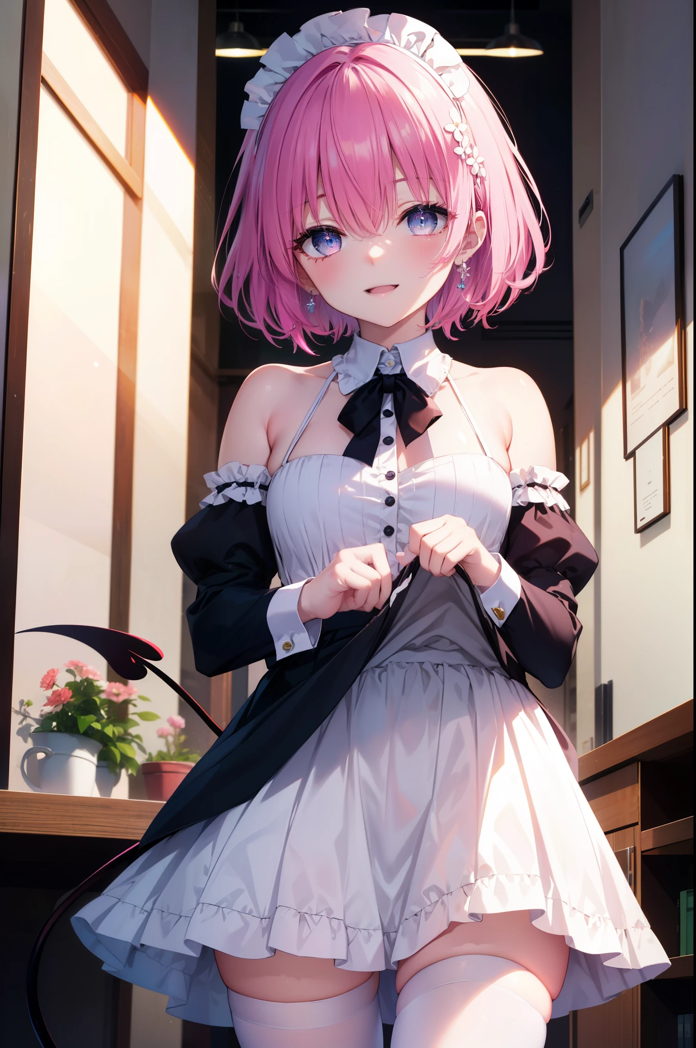 Momodeviluke, Deviluke type, demon tail, hair flower, hair ornaments, (purple eyes:1.1), pink hair, short hair, tail, happy smile, smile, open your mouth,
break demon tail, she was wearing a maid's long skirt,bare shoulders,bare chest, white stockings on her legs, Lift the long skirt with both hands,
break indoors, coffee shop,
break looking at viewer, (cowboy shot:1.5),
break (masterpiece:1.2), highest quality, High resolution, unity 8k wallpaper, (figure:0.8), (beautiful detailed eyes:1.6), extremely detailed face, perfect lighting, extremely detailed CG, (perfect hands, perfect anatomy),