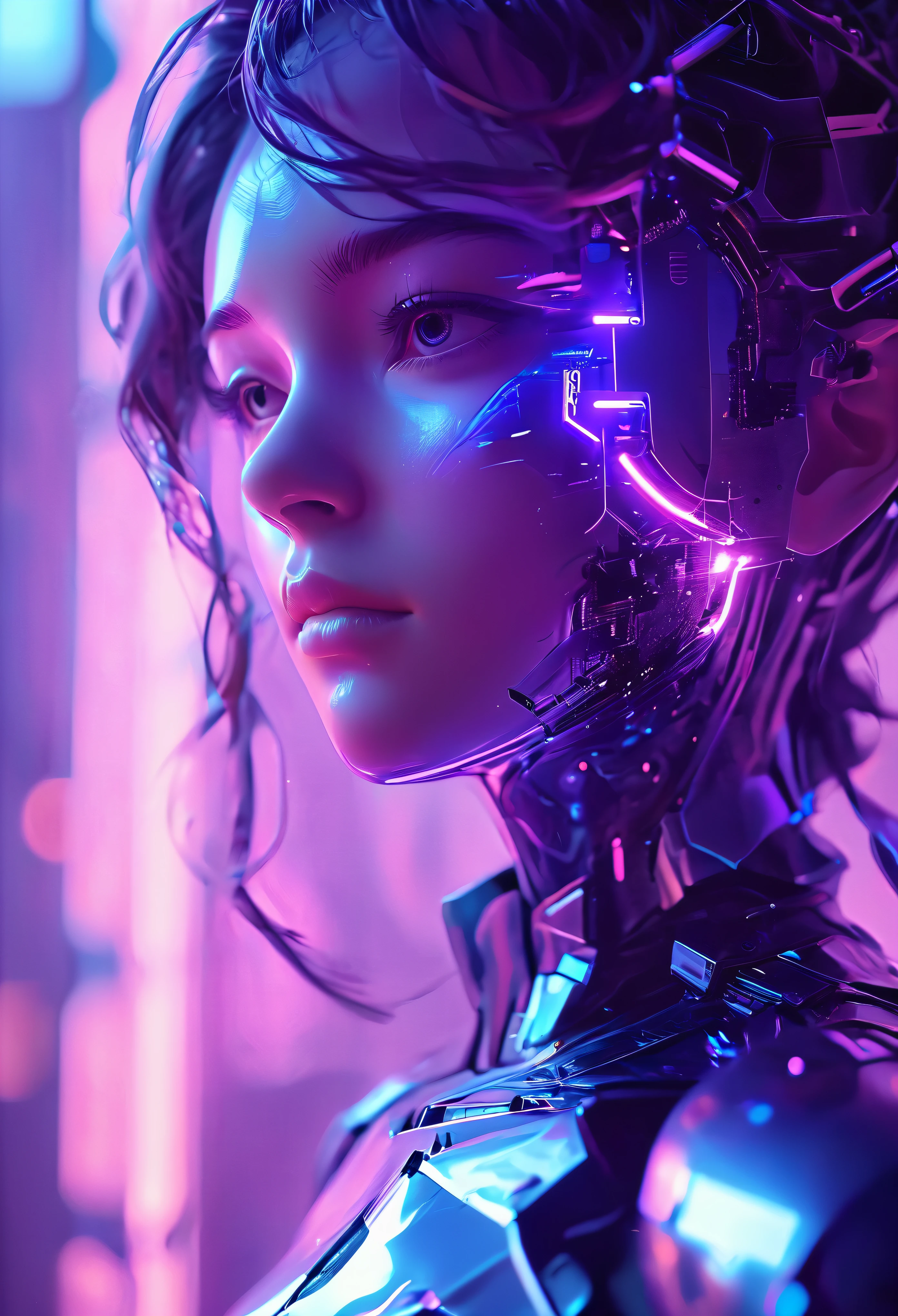 (future technology), (Mecha face close-up), blue to purple gradient background, Fantasy space city background, Wonderful light and shadow effects