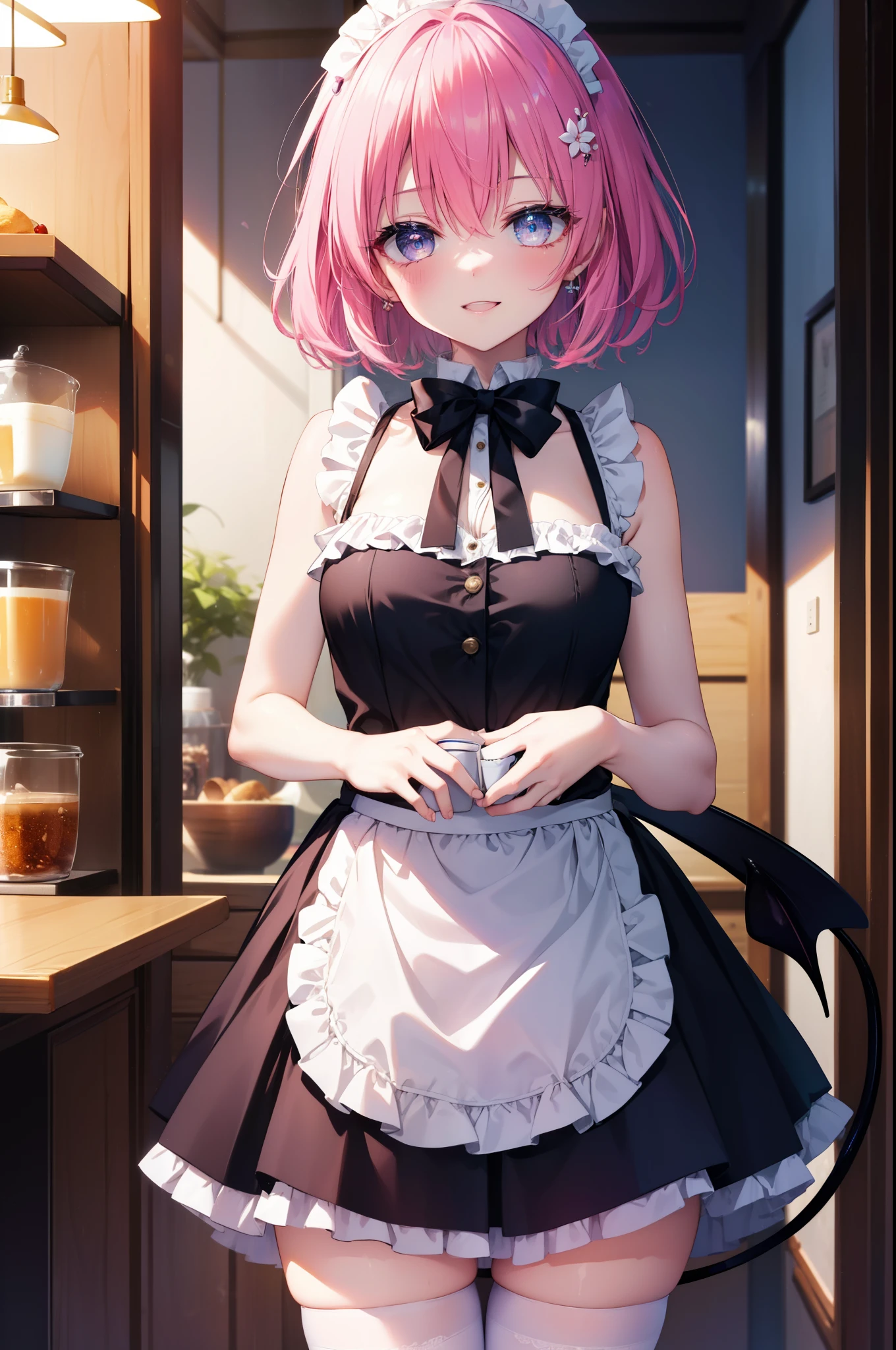 Momodeviluke, Deviluke type, demon tail, hair flower, hair ornaments, (purple eyes:1.1), pink hair, short hair, tail, happy smile, smile, open your mouth,
break demon tail, she was wearing a maid&#39;s long skirt,bare shoulders,bare chest, white stockings on her legs, Lift the long skirt with both hands, 
break indoors, coffee shop,
break looking at viewer, (cowboy shot:1.5),
break (masterpiece:1.2), highest quality, High resolution, unity 8k wallpaper, (figure:0.8), (beautiful detailed eyes:1.6), extremely detailed face, perfect lighting, extremely detailed CG, (perfect hands, perfect anatomy),