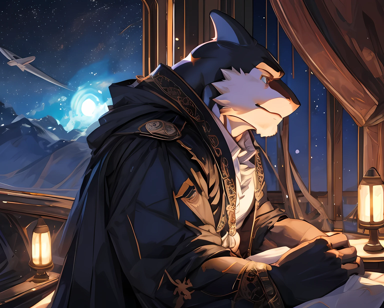 Anthropomorphic, (Solo), Anthro male, Single, Male, Muscle, Lone Orca, 50 years old, King clothes, airplanes ship, Perfect scaling, Masterpiece, by Zixiong, Shimmering stars, in the tower alone watching from above, Embrace the Sky, Stargazing, Beautiful atmosphere, on the space