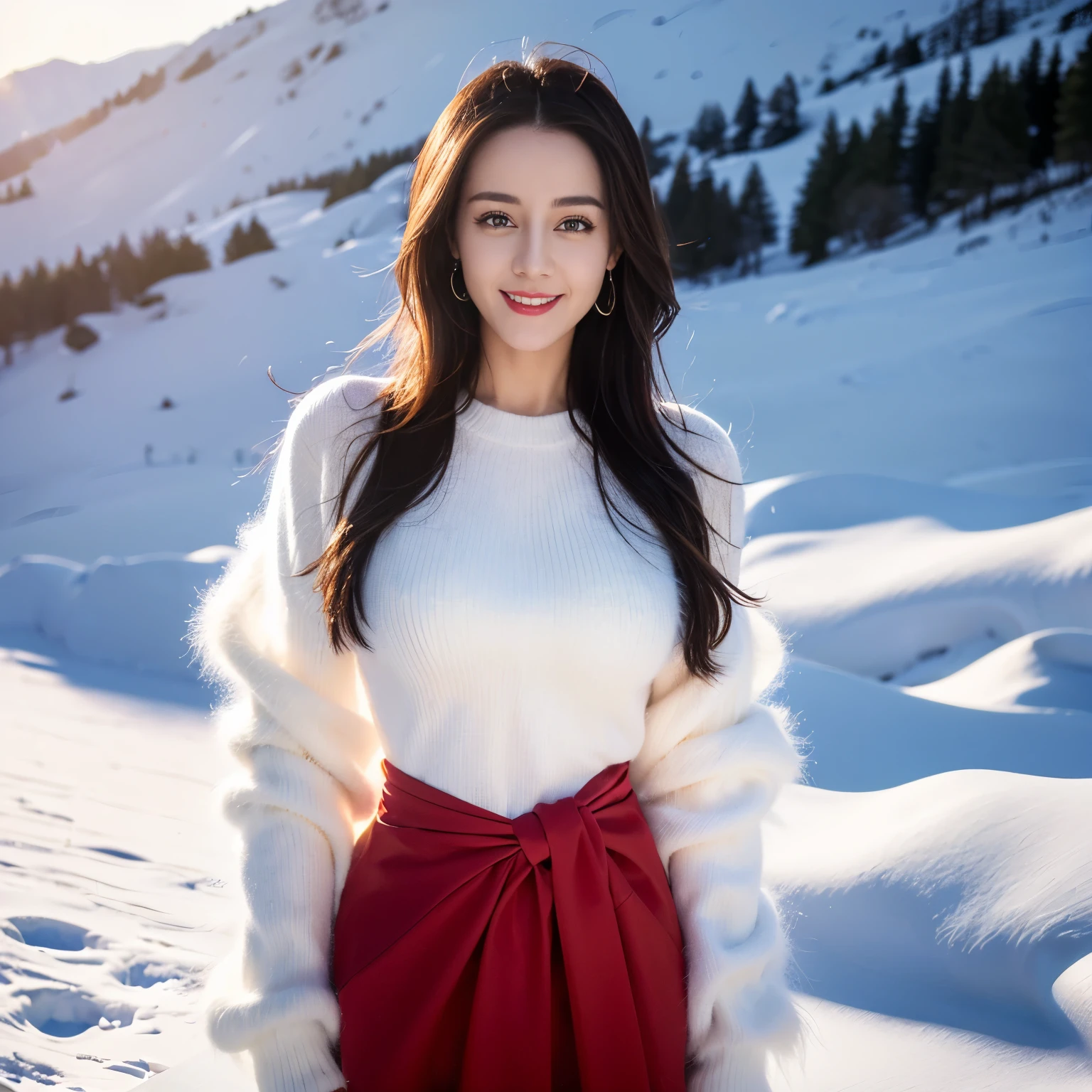 ((top quality、8k、​Masterpiece:1.3))、Extremely delicate and beautiful girl，full-body shot，huge breasts，bigger breasts，amazing breast size，G cup，Half of the breasts are exposed。Wear big earrings，Very white skin，moist red lips，Waist is very thin，Thighs are very thin，big butt，fair and smooth skin，Smooth and fair skin，flawless skin，Fair and shiny skin，cold white skin，The camera focuses on the chest，Bright light，white sweater，Lower body exposed，white hair，White hair，heavy snow，snow mountain，sunset，lake，sweet smile，mouth slightly open