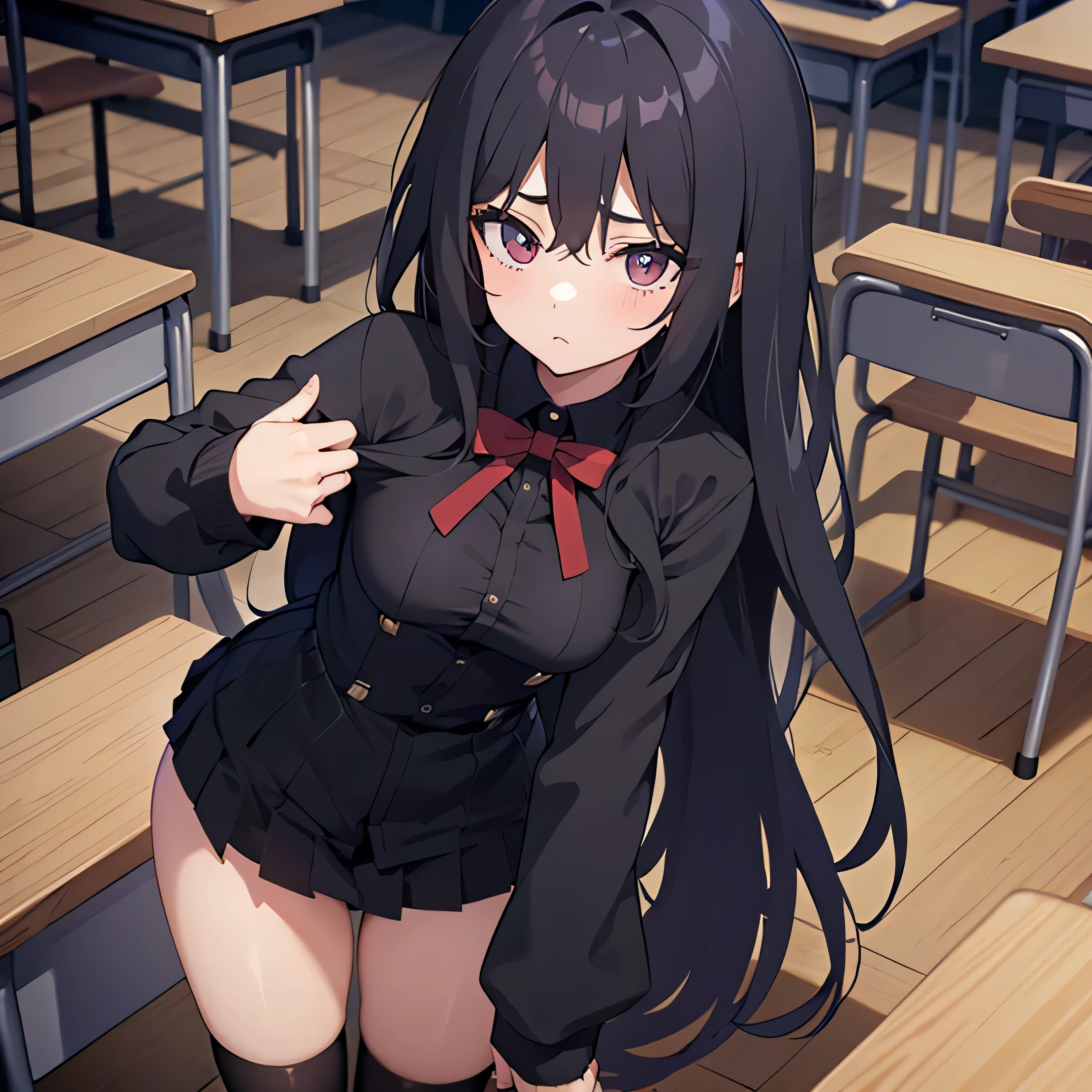 A uniform with a hole in the chest area,Flat Chest,Nipples,Long black hair,full-face blush,Troubled face,Embarrassing,School classroom