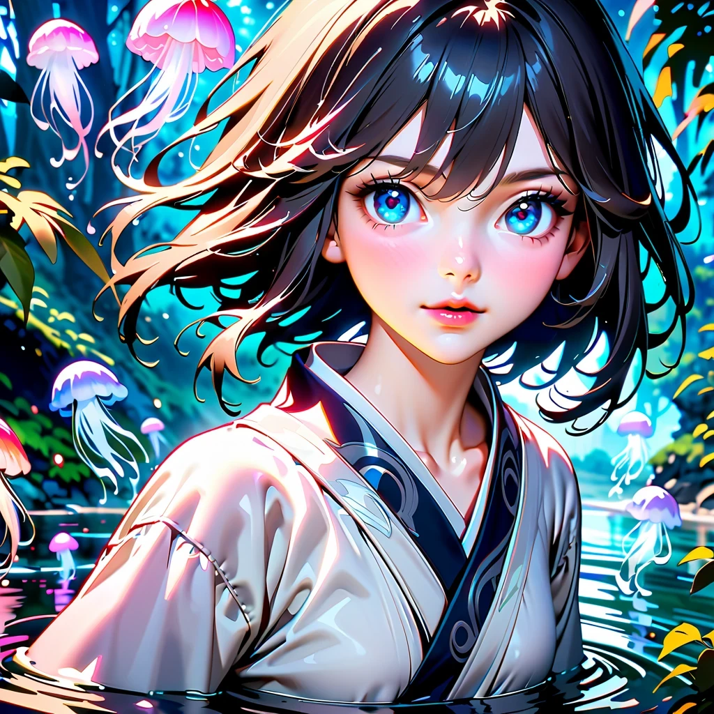 Astonishing, high quality, 4K, Fantasy girl in kimono standing in water with jellyfish, Inspired by《Genshin》Ke Qing, Beautiful anime style artwork, detailed, complicated, lifelike, Vibrant and bright colors, ethereal lights, soft reflection in waters, Tranquil composition, Full body close-up, reflection in water, enchanted forest, anime wallpaper, 2.5d computer graphics image, anime fantasy art, Jellyfish Miko