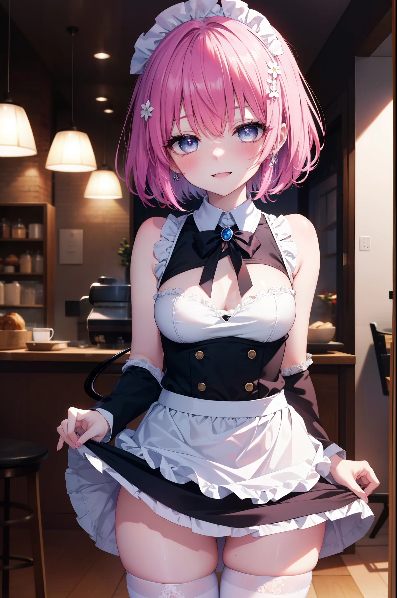 Momodeviluke, Deviluke type, demon tail, hair flower, hair ornaments, (purple eyes:1.1), pink hair, short hair, tail, happy smile, smile, open your mouth,
break demon tail, she was wearing a maid&#39;s long skirt,bare shoulders,bare chest, white stockings on her legs, Lift the long skirt with both hands, 
break indoors, coffee shop,
break looking at viewer, (cowboy shot:1.5),
break (masterpiece:1.2), highest quality, High resolution, unity 8k wallpaper, (figure:0.8), (beautiful detailed eyes:1.6), extremely detailed face, perfect lighting, extremely detailed CG, (perfect hands, perfect anatomy),