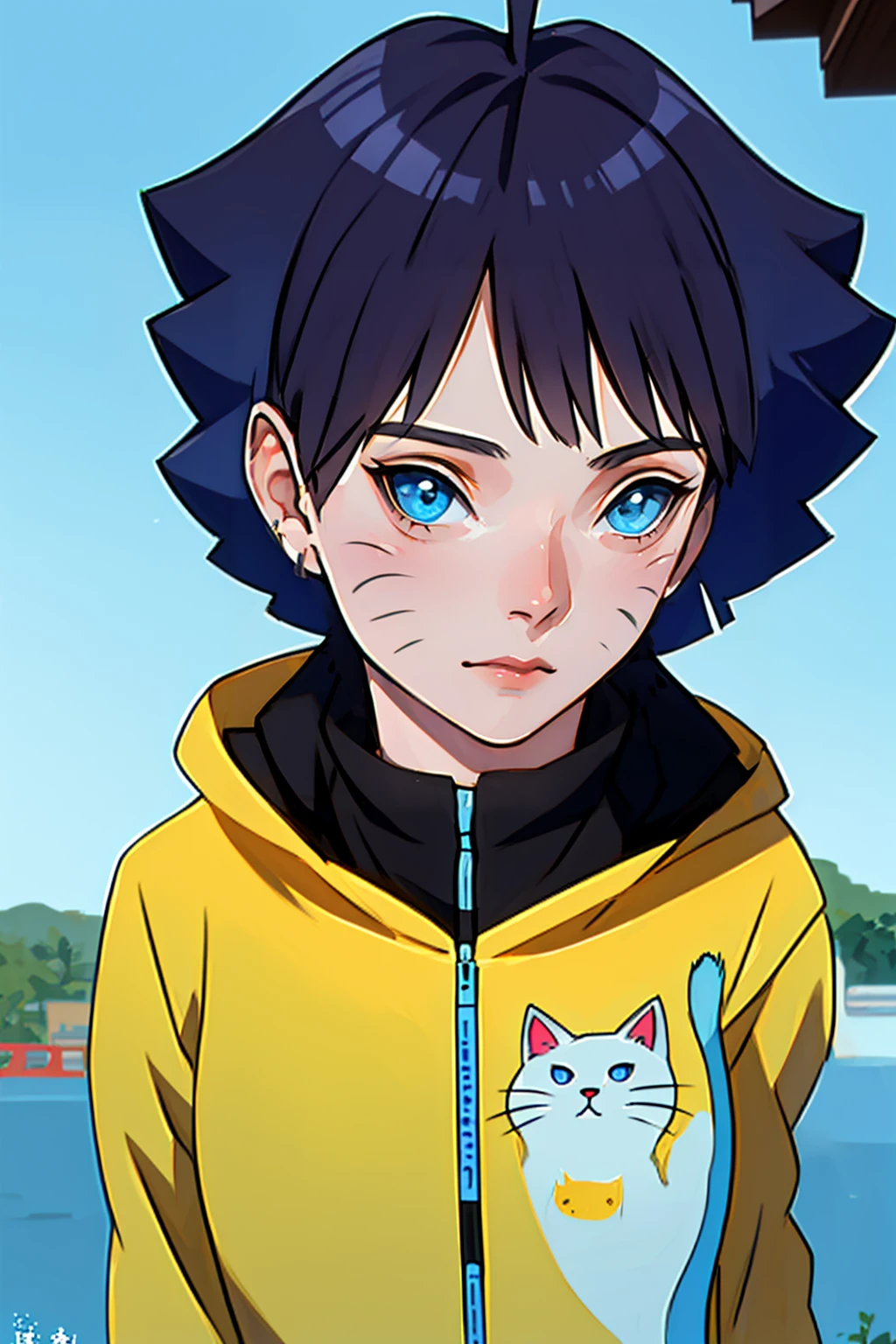 masterpiece, top quality, highly detailed, 1girl, upper body,
long hair, black hair, blue eyes,
Wearing a yellow Hoodie, Streetwear, full of style,
medium breasts, cool attitude
looking at the audience, cute face ,(Uzumaki Himawari)
 in anime (Boruto:Naruto Next Generation, photo realistic, very detailed, perfect realistic, short hair, black hair, blue eyes, beautiful, sexy body, standard body, big breasts, realistic clothes, detailed clothes, outdoor background, very detailed, realistic characters, beautiful face, cute face, perfect skin, glowing, super realistic photo , on the right and left cheeks there are ,two rows of cat whiskers very clear/super details ,detailed analysis , (Uzumaki Himawari:Cat Whiskers) eyes , short front bangs hairstyle