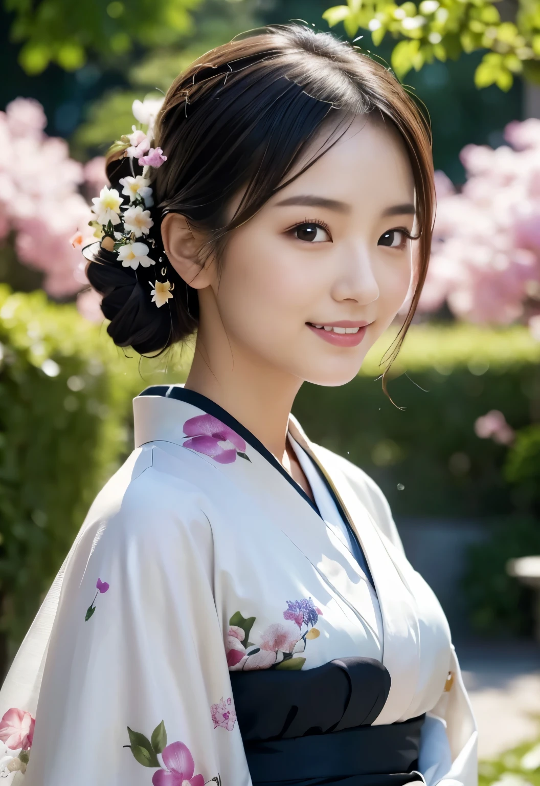 (((garden:1.3, outdoor, Photographed from the front))), ((hair tied up:1.3, kimono, japanese woman, smile,cute)), (clean, natural makeup), (highest quality, masterpiece:1.3, 超High resolution), (Super detailed, caustics), (realistic:1.4, RAW shooting), very detailed, High resolution, 16K resolution