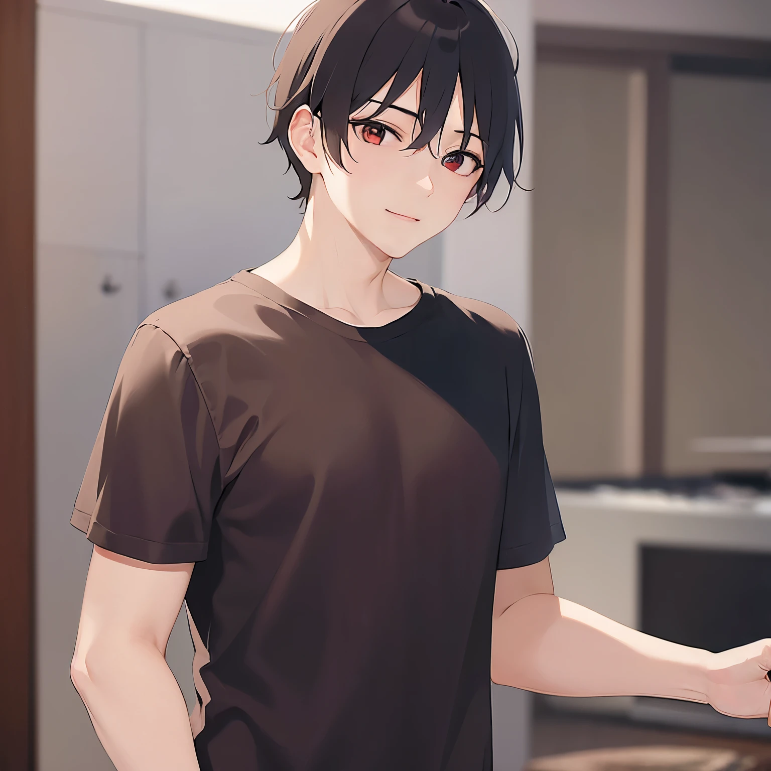 side angle, masterpiece、highest quality、(25 year old male:1.5) and (brown short hair) and (red eyes), Wearing a plain black T-shirt、smile, The background is the living room at night、illumination、(Alone:1.5)、Upper body is shown、Are standing