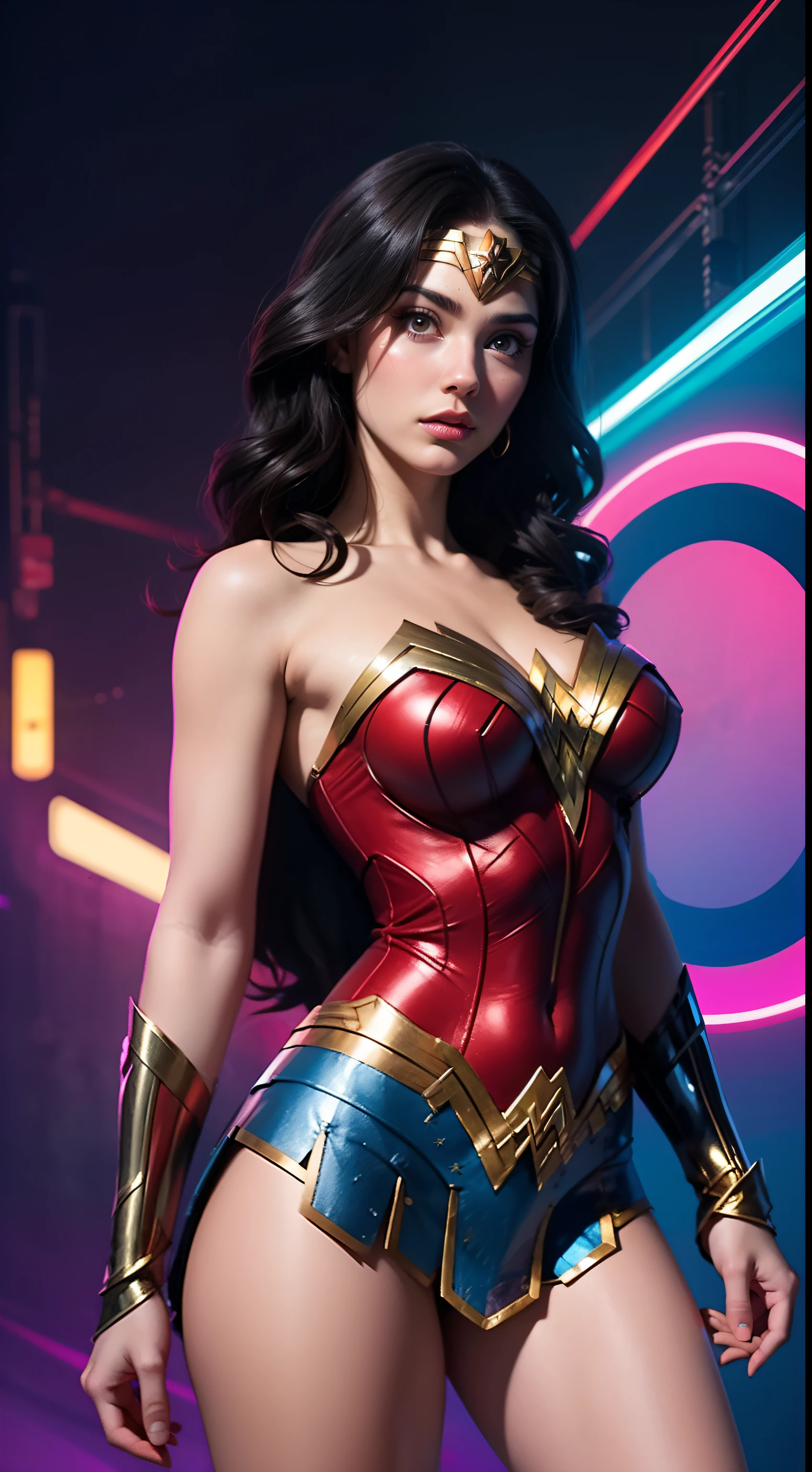 Wonder Woman (big tits) masterpiece, best quality, ((abstract, psychedelic, neon, background)),(creative:1.3), sy3, SMM, fantasy00d