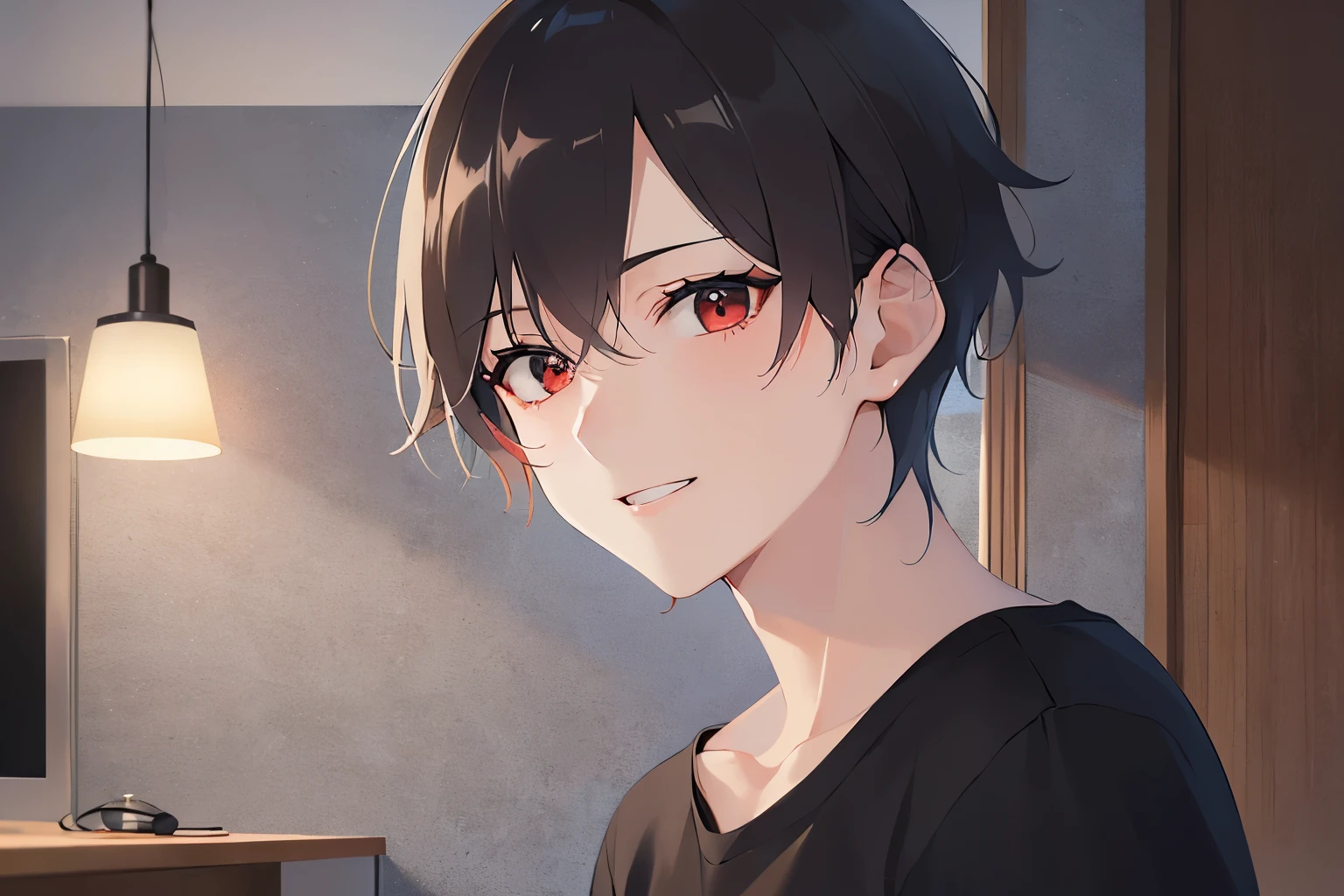 side angle, masterpiece、highest quality、(25 year old male:1.5) and (brown short hair) and (red eyes), Wearing a plain black T-shirt、smile, The background is the living room at night、illumination、(Alone:1.5)、Upper body is shown、Are standing