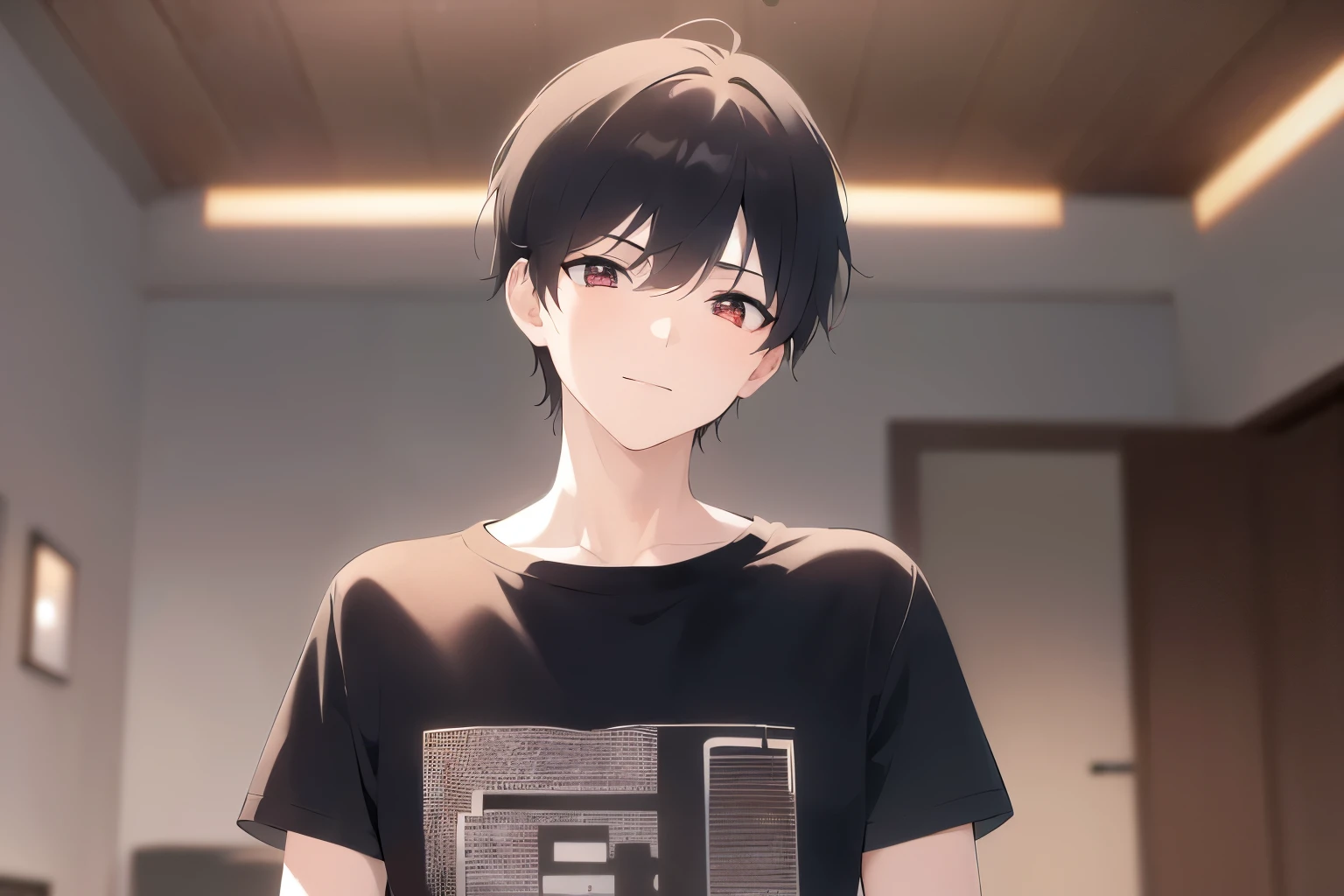 side angle, masterpiece、highest quality、(25 year old male:1.5) and (brown short hair) and (red eyes), Wearing a plain black T-shirt、smile, The background is the living room at night、illumination、(Alone:1.5)、Upper body is shown、Are standing
