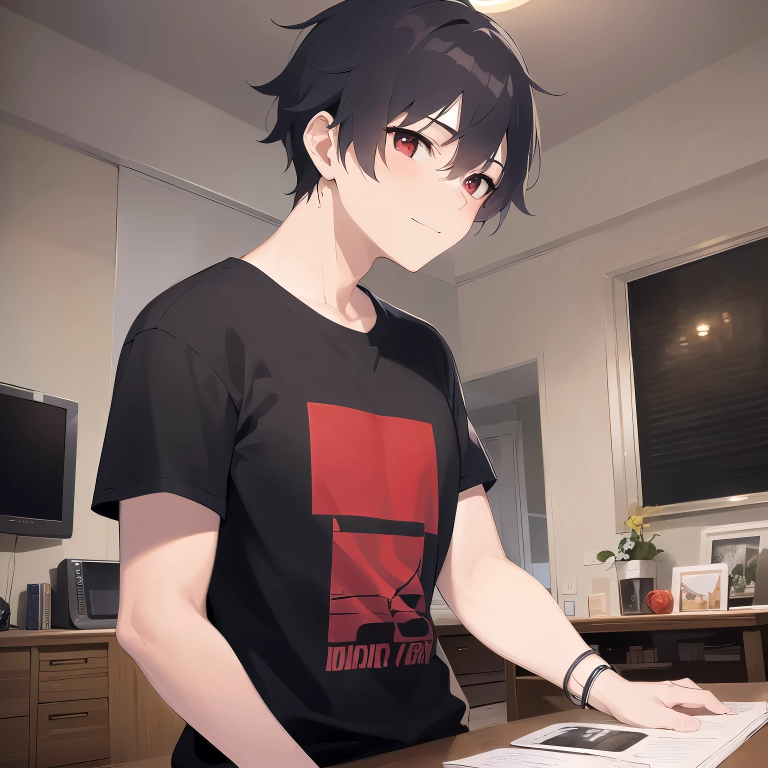 side angle, masterpiece、highest quality、(25 year old male:1.5) and (brown short hair) and (red eyes), Wearing a plain black T-shirt、smile, The background is the living room at night、illumination、(Alone:1.5)、Upper body is shown、Are standing