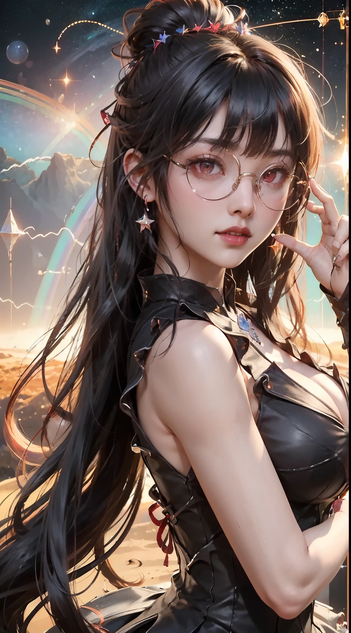 1名 27歳 woman, got it、(best illustrations)、8k UHD resolution、intricate details、最high quality、realistic、Super detailed、best lighting、best shadow、soft lighting、ultra hd、dungeon and Dragon、cave、dungeon、 necromancer、night、dark style、Succubus、devil&#39;Daughter of、bat wings，(((デーモンホーンラック縁round glasses))))、(((big breasts)))、(devil&#39;tail)、(red eyes shine:1.6)、masterpiece、beautiful features、Tyndall effect、realisticphotograph、(high detail skin:1.2)、8KUHD、Digital single-lens reflex camera、high quality、photograph、High resolution、 absurd、Ponytail distortion、Optimal ratio of 4 fingers and 1 thumb、1 girl、hair ornaments、真っ赤に輝くgemのネックレス、gem、beautiful expression、body up、big breasts emphasis、tight waist、wide ass、Tyndall effect、Photoreal、(high detail skin:1.2)、dark and mysterious version, lipstick red lips, thin and beautiful lips, Don&#39;Don&#39;Don&#39;don&#39;t laugh, please keep your mouth shut, Characters created by Karol Baku and Pino Denis, intricate details, detailed background, very detailed, magic of light, woman, cute face, ((((giant glasses, otaku glasses, thick glasses, round glasses))))、 looking at the Upper body of the goddess , round chest, big and round chest, phoenix hair brooch, long hair with bangs, (Long hair has seven colors like a rainbow:1.9), Beautifully detailed face and well-proportioned eyes, (Crystal clear red eyes: 1.8), Big round eyes and very beautiful and detailed makeup, Visionary, long silk nightgowns, mysterious makeup, ブresponseレット, I dyed the side bangs light yellow...., Upper body, (goddess Upper body: 1.8), hanging arms, リアルで鮮やかなphotograph, (stars that make up : 1.7), ( Space-time portal of sky and imagination: 1.8), fiction art, RAWphotograph,黒い着物のphotograph, 最高のphotograph , expensive_response, 最high quality, 最高のphotograph, 8K quality, 8k ultra , surrealism, 最も経済的な本物のphotograph, Artistic portrait of 12 signs, Symbol of one of the 12 signs on the reverse side, 12 Portrait of the Goddess, 最もrealistic配色, 最高のphotograph color, masterpiece, hair ornaments, ネックresponse, jewelry, beautiful face, Upper body, Tyndall effect, photographのようにリアルな, Dark studio, border light, two tone light, (fine skin) expensive: 1.2), 8k UHD, Digital single-lens reflex camera, soft light, expensive quality, volume light, Frank, photograph, expensive responseolution, 4K quality, 8k, Bokeh, smooth and sharp, 10x more pixels, Charming goddess, sexy goddess, (background space: 1.8), (milky way: 1.7), aurora, lightning, (auroraの背景: 1.8) <roller:crazy_perfect eyes_v1_from_v1_, beautiful goddess and flowers, 