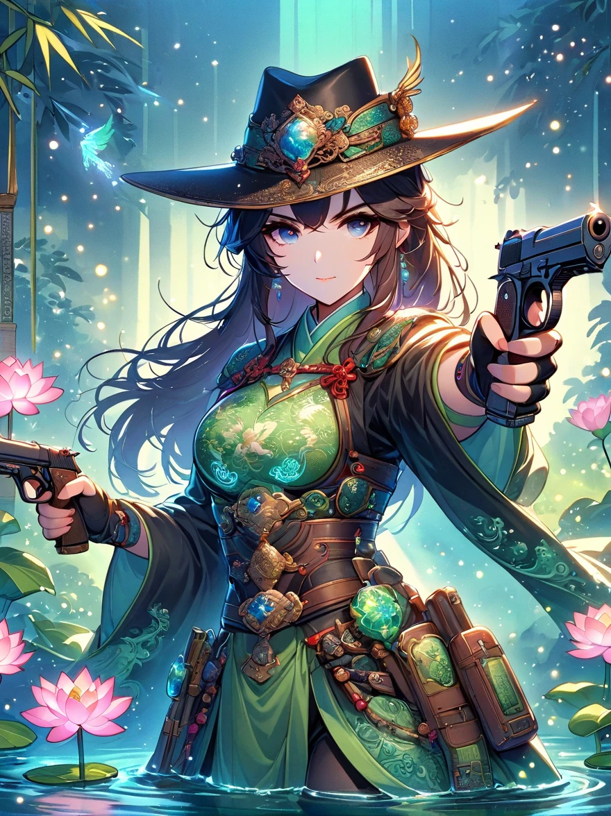 Let yourself be immersed in the world of Chinese martial arts through the enchanting prompts of a mysterious female martial artist's oil painting. Adorned in exquisite Chinese armor, she exudes elegance, solo, her body aglow, with glowing lotus flowers, radiant lines, fluorescence, glowing examples, tracking examples, flashes, bioluminescent particles, backlighting, translucency, light particles, and correct human anatomy. Positioned in a pond, (holding guns in both hands), (gun focus), aiming at you, the composition captures the warrior's mysterious aura as she stands amidst the tranquil bamboo grove, her armor reflecting the dappled sunlight. The intricate details of her armor, decorated with lavish patterns and symbols, speak of a rich heritage and noble lineage. The legendary silver Desert Eagle pistol she wields, with its exquisite craftsmanship and mythic aura, becomes a symbol of her martial prowess. The bold strokes and vibrant colors used in the artwork add dynamism and energy, painted by the renowned Chinese artist Qi Baishi.