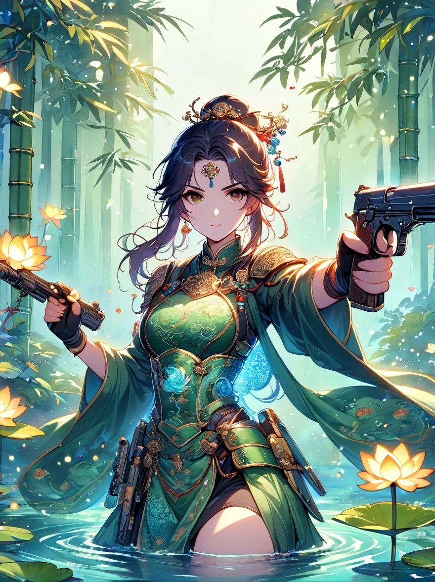 Let yourself be immersed in the world of Chinese martial arts through the enchanting prompts of a mysterious female martial artist's oil painting. Adorned in exquisite Chinese armor, she exudes elegance, solo, her body aglow, with glowing lotus flowers, radiant lines, fluorescence, glowing examples, tracking examples, flashes, bioluminescent particles, backlighting, translucency, light particles, and correct human anatomy. Positioned in a pond, (holding guns in both hands), (gun focus), aiming at you, the composition captures the warrior's mysterious aura as she stands amidst the tranquil bamboo grove, her armor reflecting the dappled sunlight. The intricate details of her armor, decorated with lavish patterns and symbols, speak of a rich heritage and noble lineage. The legendary silver Desert Eagle pistol she wields, with its exquisite craftsmanship and mythic aura, becomes a symbol of her martial prowess. The bold strokes and vibrant colors used in the artwork add dynamism and energy, painted by the renowned Chinese artist Qi Baishi.