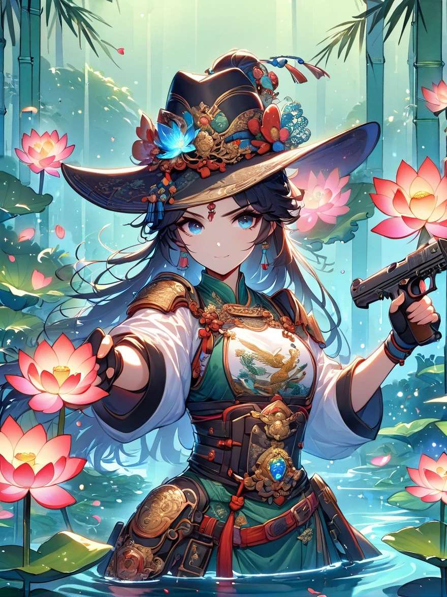 Let yourself be immersed in the world of Chinese martial arts through the enchanting prompts of a mysterious female martial artist's oil painting. Adorned in exquisite Chinese armor, she exudes elegance, solo, her body aglow, with glowing lotus flowers, radiant lines, fluorescence, glowing examples, tracking examples, flashes, bioluminescent particles, backlighting, translucency, light particles, and correct human anatomy. Positioned in a pond, (holding guns in both hands), (gun focus), aiming at you, the composition captures the warrior's mysterious aura as she stands amidst the tranquil bamboo grove, her armor reflecting the dappled sunlight. The intricate details of her armor, decorated with lavish patterns and symbols, speak of a rich heritage and noble lineage. The legendary silver Desert Eagle pistol she wields, with its exquisite craftsmanship and mythic aura, becomes a symbol of her martial prowess. The bold strokes and vibrant colors used in the artwork add dynamism and energy, painted by the renowned Chinese artist Qi Baishi.