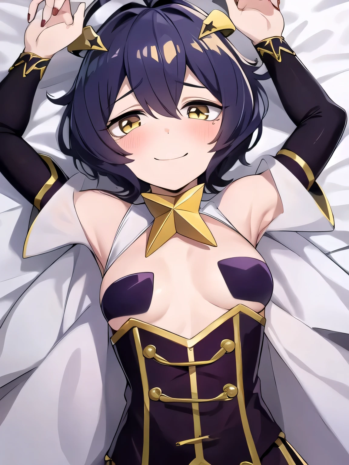 Utena Hiiragi, 1girl, solo, horns, purple hair, blush, short hair, looking at viewer, smile, star (symbol), yellow eyes, ahoge, hair between eyes, antenna hair, bangs, symbol-shaped pupils, star-shaped pupils,  solo, lying, , closed mouth, solo, spread arms, arms up, smile, lying, on back, on grass, looking at viewer, solo, in the center, cowboy shot, high quality,