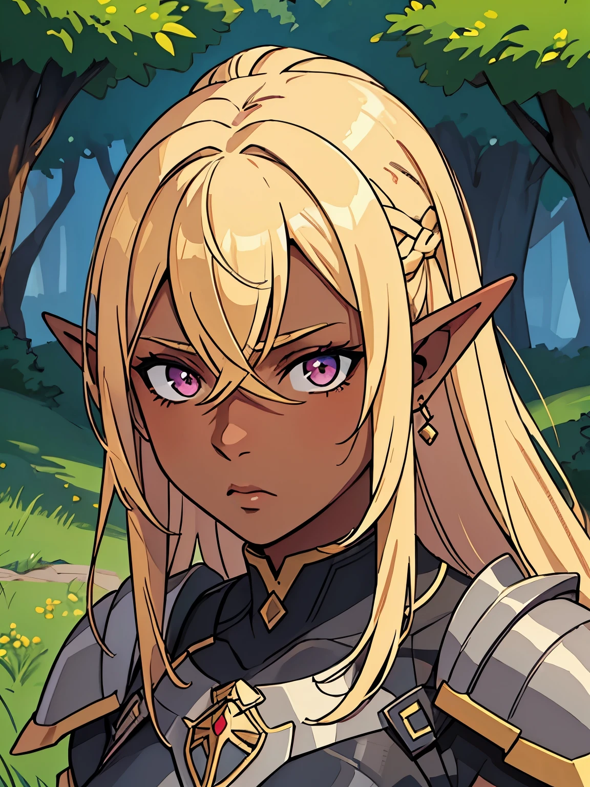 masterpiece, best quality, portrait, 1girl, dark skin, dark-skinned_female, dark_skin, blonde_hair, yellow hair, short hair, pink eyes, full armor, elf ear
