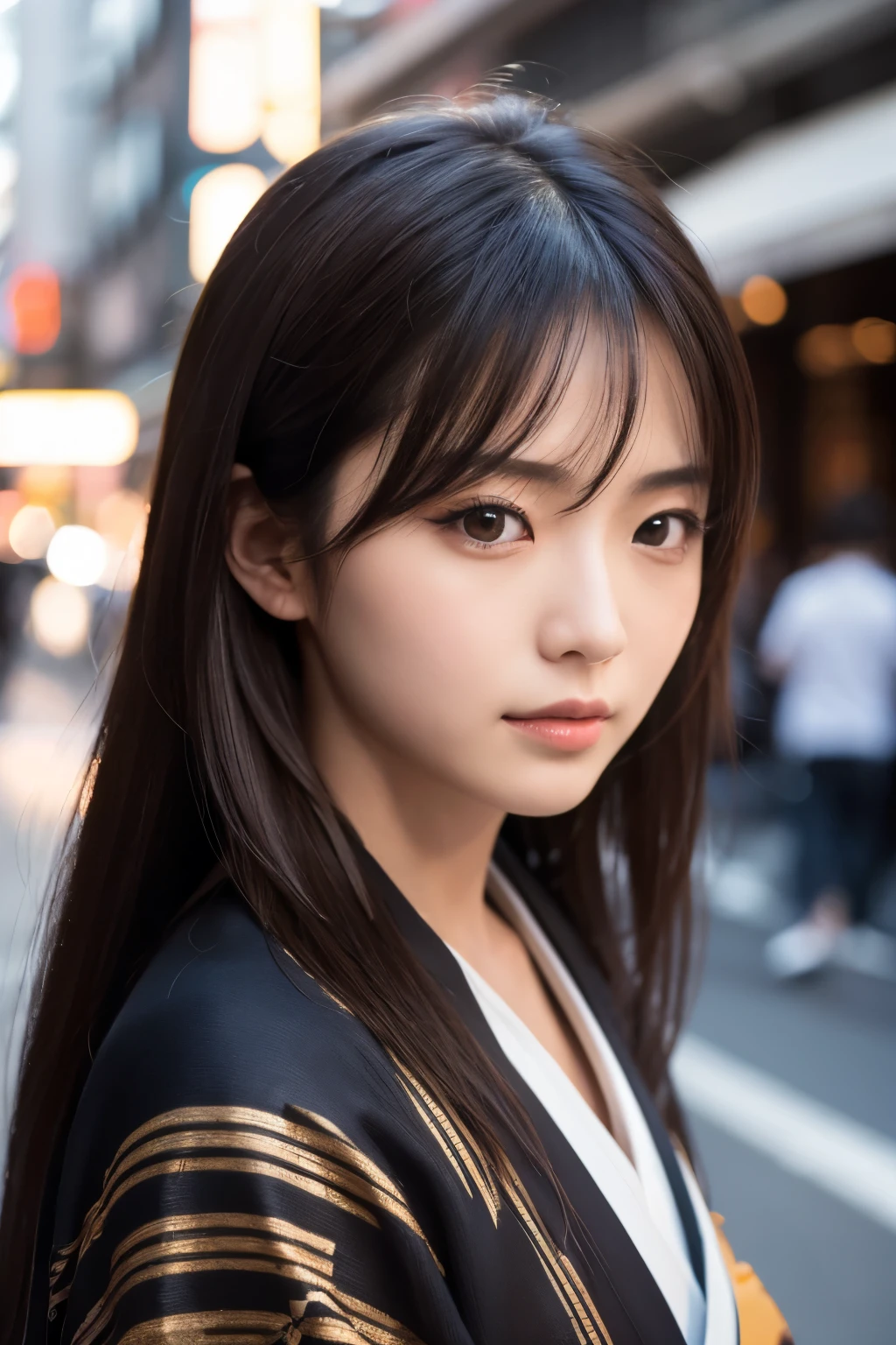 Beautiful Japanese supermodel woman, A lock of hair with slight highlights, black eyes, Sexy，street background，Gorgeous kimono , Liquid color flows across her face, Shooting against the light，Perfect facial lighting，mixed media