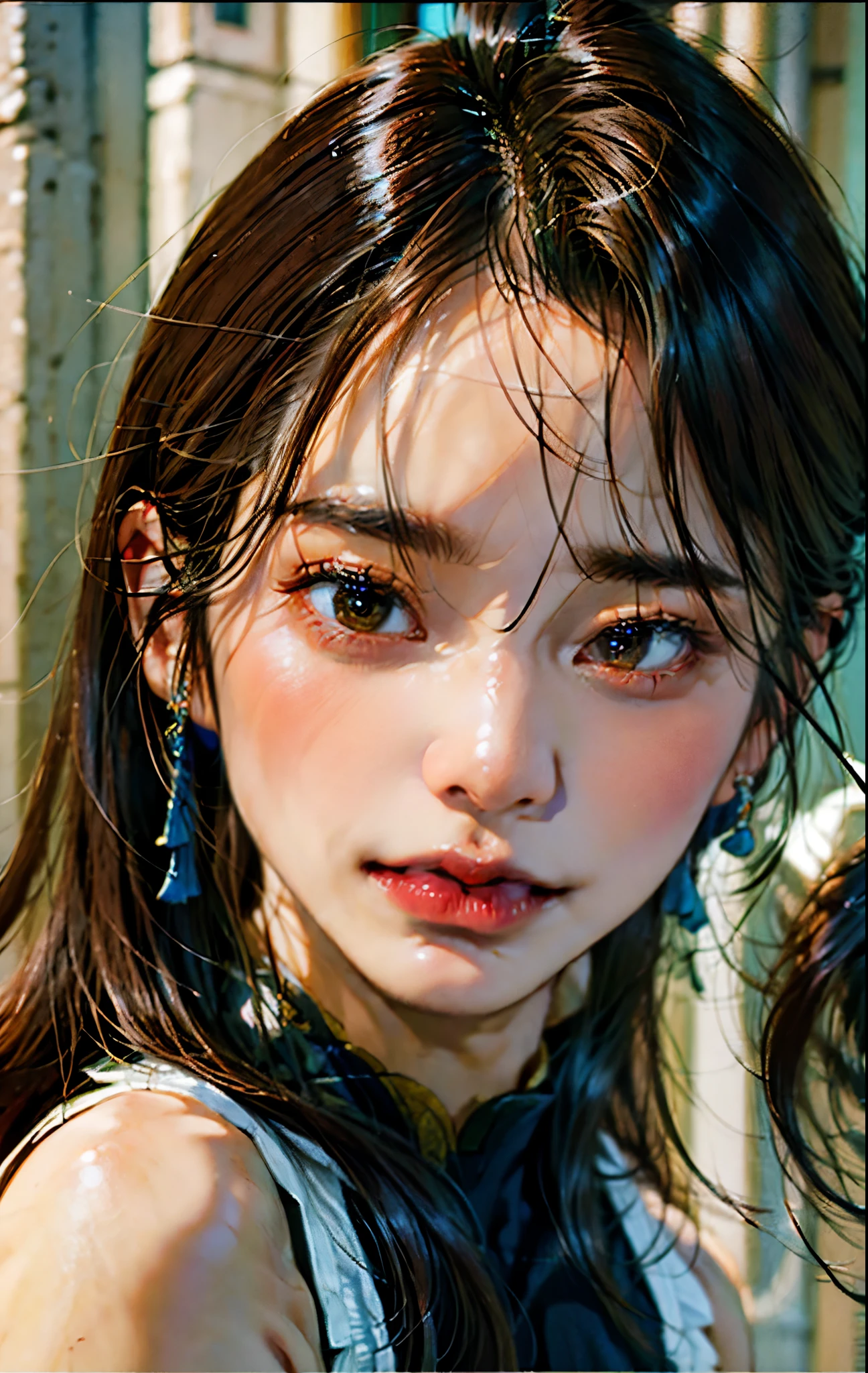 PM, Light brown eyes, (Japanese girl),1girl in, 27yr old, Innocence, (Photorealsitic),(top-quality:1.4), (超A high resolution:1.2), 超A high resolution, (A detailed eye), (detailed facial features), nfsw, 8k resolution, (lensflare:0.7),Colossal tits,(bushy eyebrows),straight eyebrows,low eyebrows,(thick lips:1.3),(glossy lips:1.3),(lipstick,blue lips:1.2),(blush),black hair,(brown eyes), wide forhead,(armpit hair:1.3),