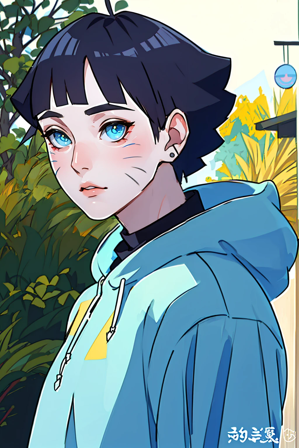 masterpiece, ultra-detailed, 1girl, female focus, upper body shot, Uzumaki BorutoHimari wearing yellow Streetwear Hoodie, black hair, Blue eyes, look at viewer, happy face, vibrant colors, cityscape background, dinamic lighting, highly detailed face, stylish, urban style, cool attitude, bokeh, blurry background,