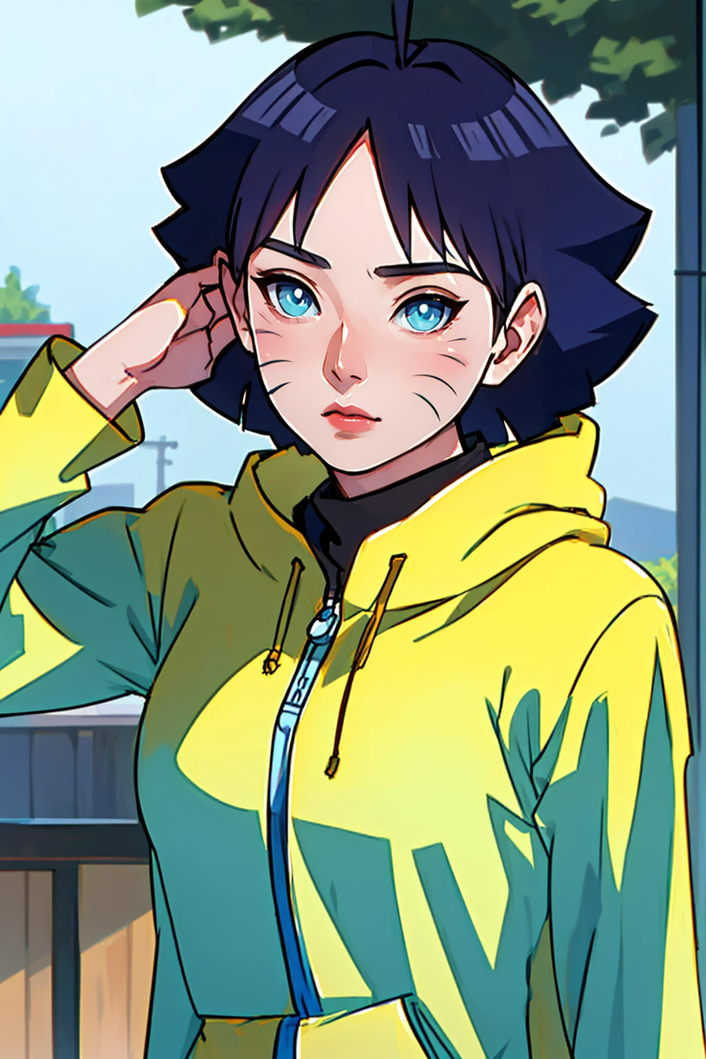 masterpiece, top quality, highly detailed, 1girl, upper body,
long hair, black hair, blue eyes,
Wearing a yellow Hoodie, Streetwear, full of style,
medium breasts, cool attitude
looking at the audience, cute face ,(Uzumaki Himawari)
in anime (Boruto:Naruto Next Generation, photo realistic, very detailed, perfect realistic, short hair, black hair, blue eyes, beautiful, sexy body, standard body, big breasts, realistic clothes, detailed clothes, outdoor background, very detailed, realistic characters, beautiful face, cute face, perfect skin, glowing, super realistic photo , on the right and left cheeks there are ,two rows of cat whiskers very clear/super details ,detailed analysis , (Uzumaki Himawari:Cat Whiskers) eyes , short front bangs hairstyle