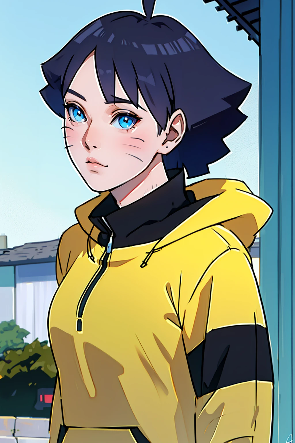masterpiece, ultra-detailed, 1girl, female focus, upper body shot, Uzumaki BorutoHimari wearing yellow Streetwear Hoodie, black hair, Blue eyes, look at viewer, happy face, vibrant colors, cityscape background, dinamic lighting, highly detailed face, stylish, urban style, cool attitude, bokeh, blurry background,