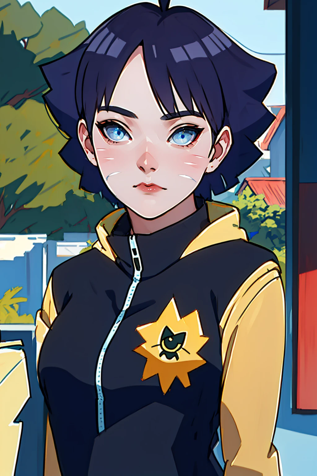 masterpiece, top quality, highly detailed, 1girl, upper body,
long hair, black hair, blue eyes,
Wearing a yellow Hoodie, Streetwear, full of style,
medium breasts, cool attitude
looking at the audience, cute face ,(Uzumaki Himawari)
in anime (Boruto:Naruto Next Generation, photo realistic, very detailed, perfect realistic, short hair, black hair, blue eyes, beautiful, sexy body, standard body, big breasts, realistic clothes, detailed clothes, outdoor background, very detailed, realistic characters, beautiful face, cute face, perfect skin, glowing, super realistic photo , on the right and left cheeks there are ,two rows of cat whiskers very clear/super details ,detailed analysis , (Uzumaki Himawari:Cat Whiskers) eyes , short front bangs hairstyle