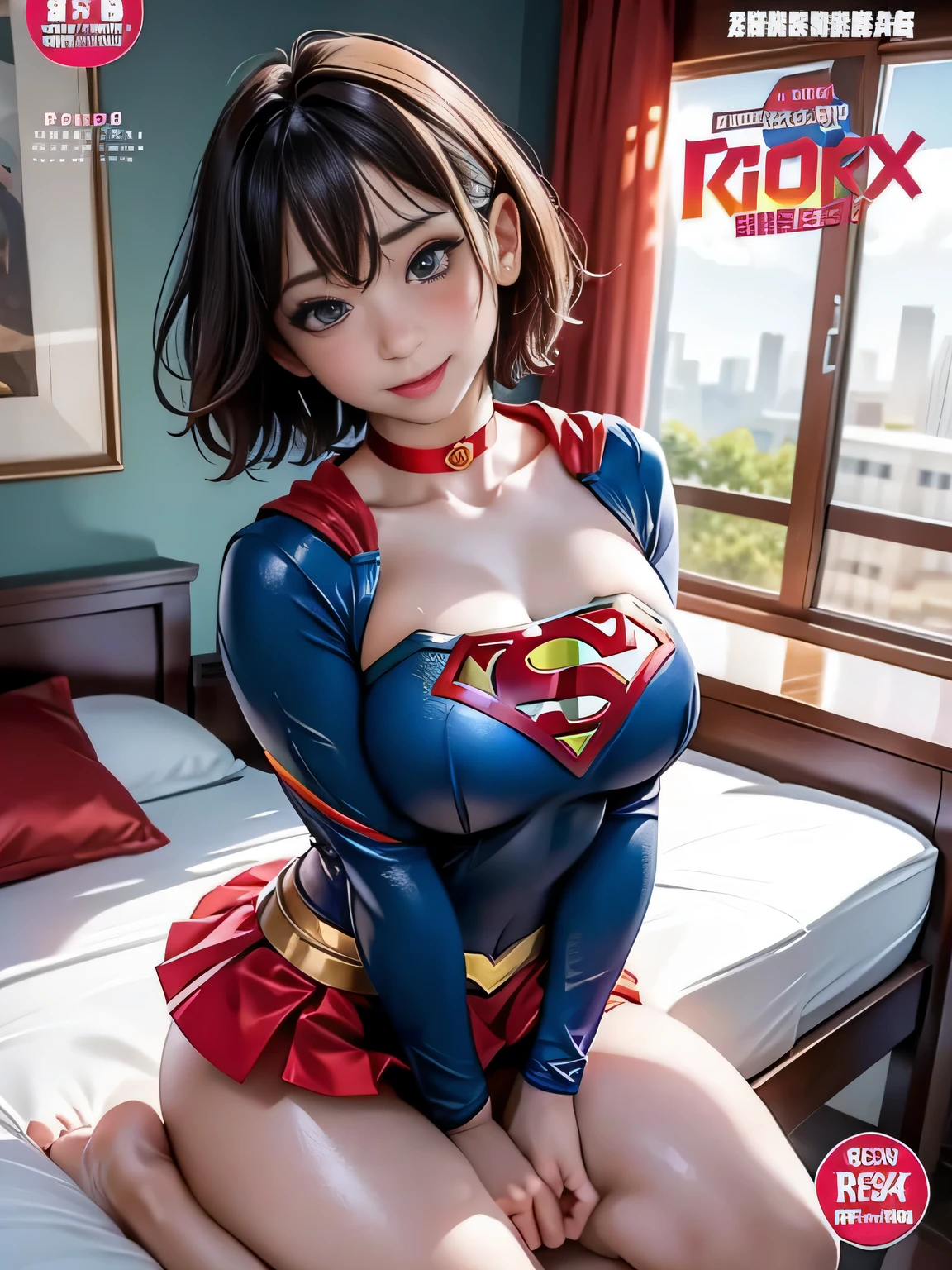 masterpiece、supergirl costume、short hair、barefoot、big and full breasts、Hotel、cum on the bed、sexy pose、athlete、shiny、looking at camera、Seduce、choker、long sleeve、red mini skirt、Weekly magazine cover、Sculpture Magazines、sweaty、radical、