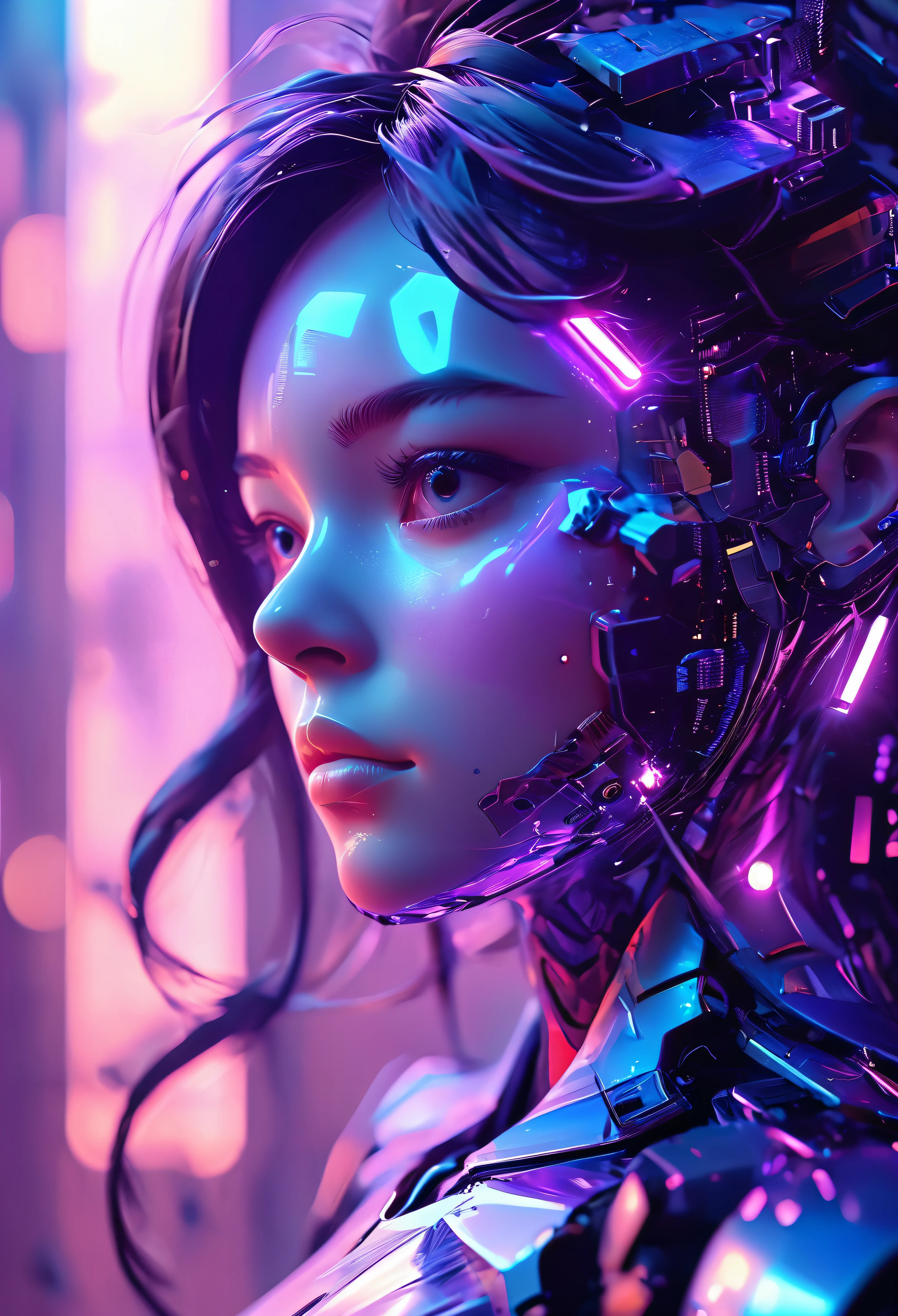 (future technology), (Mecha face close-up), blue to purple gradient background, Fantasy space city background, Wonderful light and shadow effects