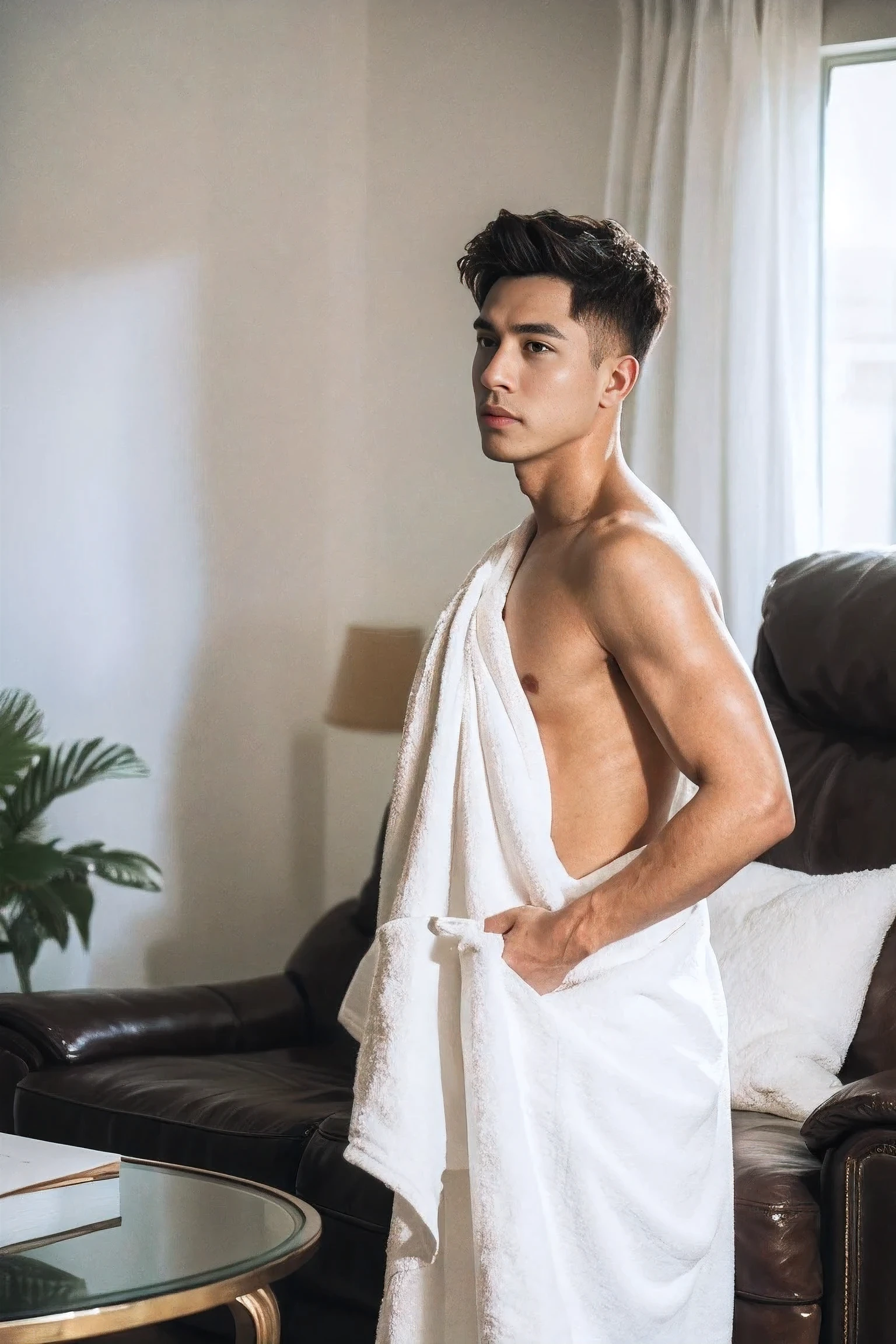 Realistic photography, 8k ,handsome man , towel ,living room